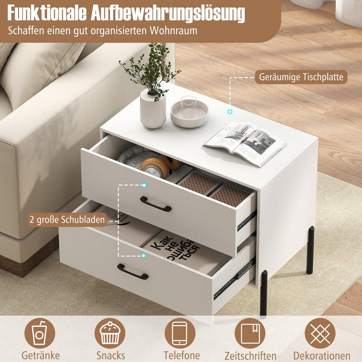NACHTTISCH aus Holz mit Metallbeinen und Griffen, Weiß - Edelstahlfarben/Weiß, Holzwerkstoff/Metall (71/61/41cm) - DESIGN IN