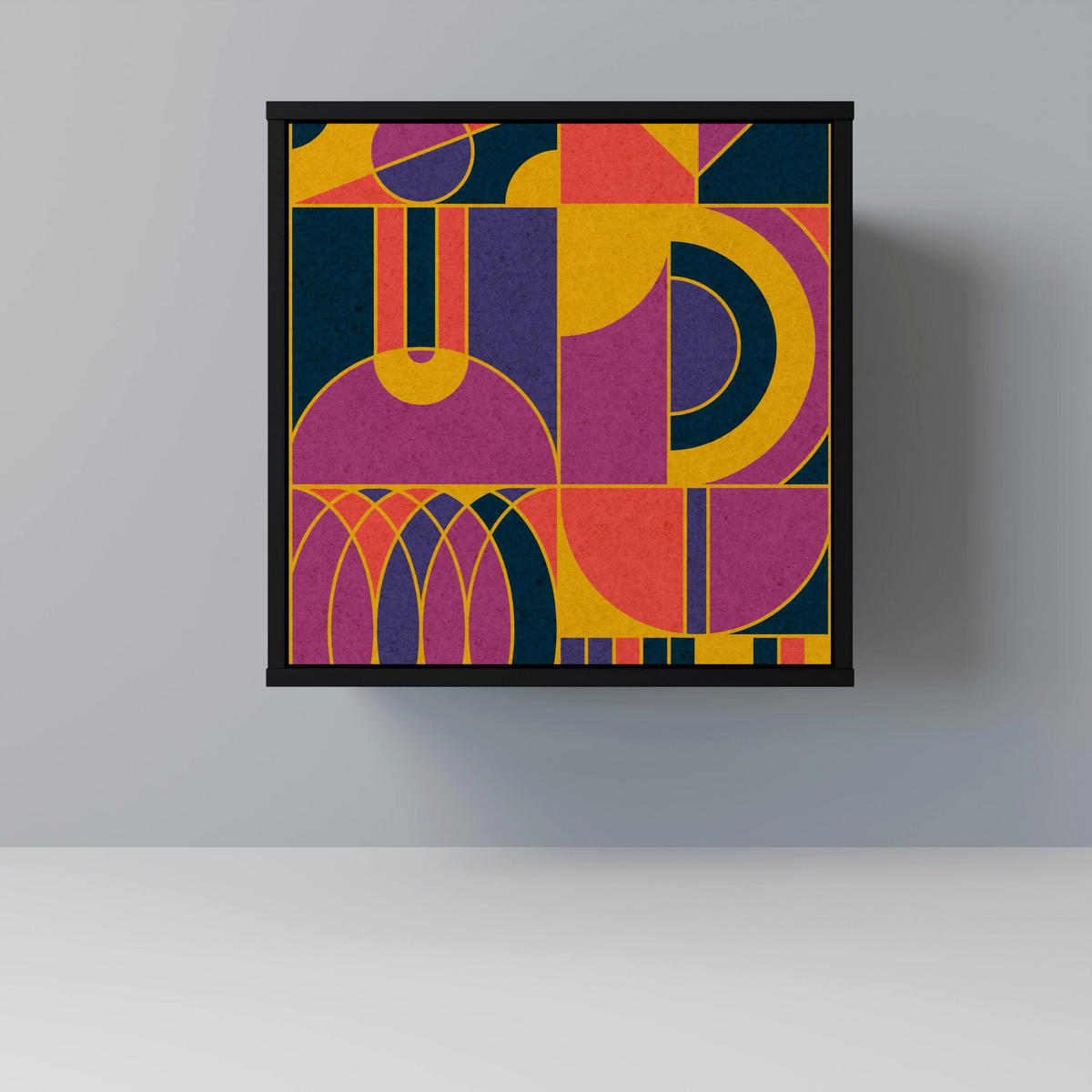SIDEBOARD ELECTRIC PATTERNS, Schwarz, 57,5x42x70,5 cm, Schwarze Metall-Sternfüße - Multicolor/Schwarz, Holzwerkstoff/Metall (57.5/70.5/42cm) - SpaceRebels