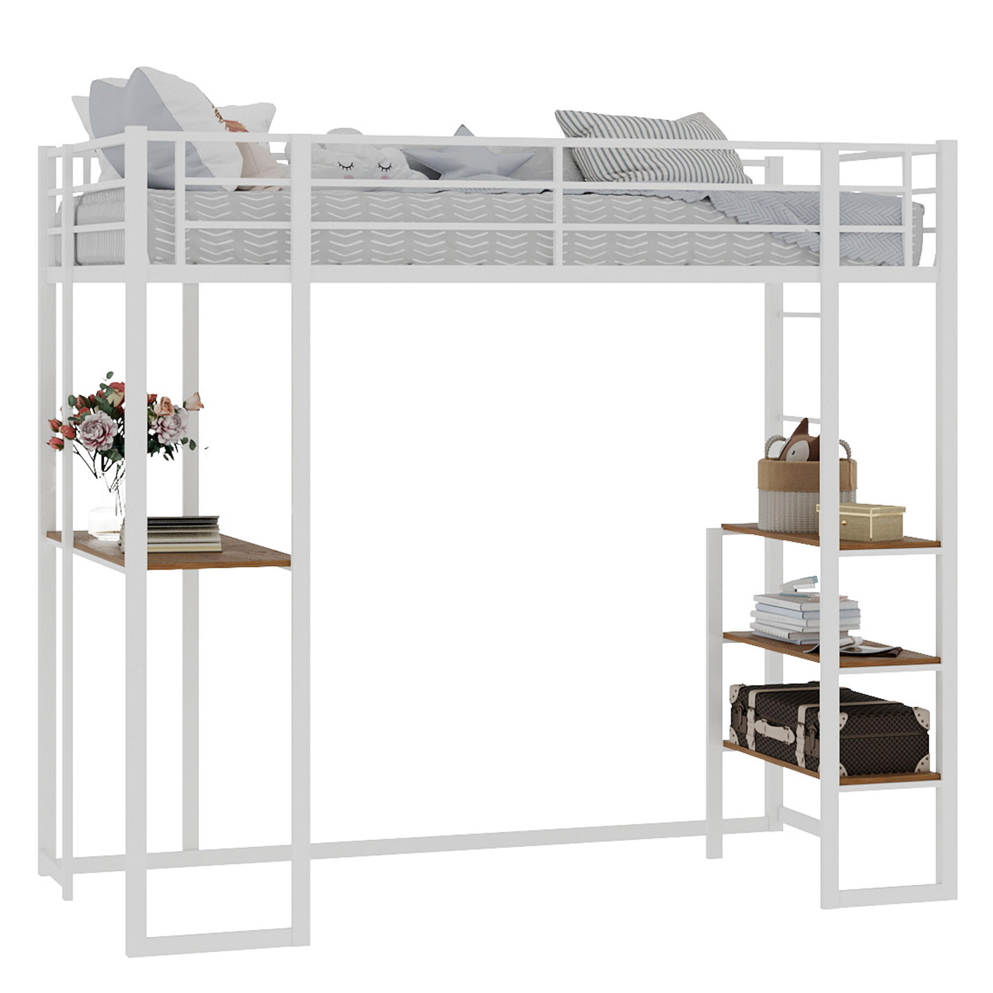 HOCHBETT 90/190 mit Schreibtisch, beidseitigen Leitern und Stauraum - Weiß, Holzwerkstoff/Metall (90/200cm) - EVRYAE