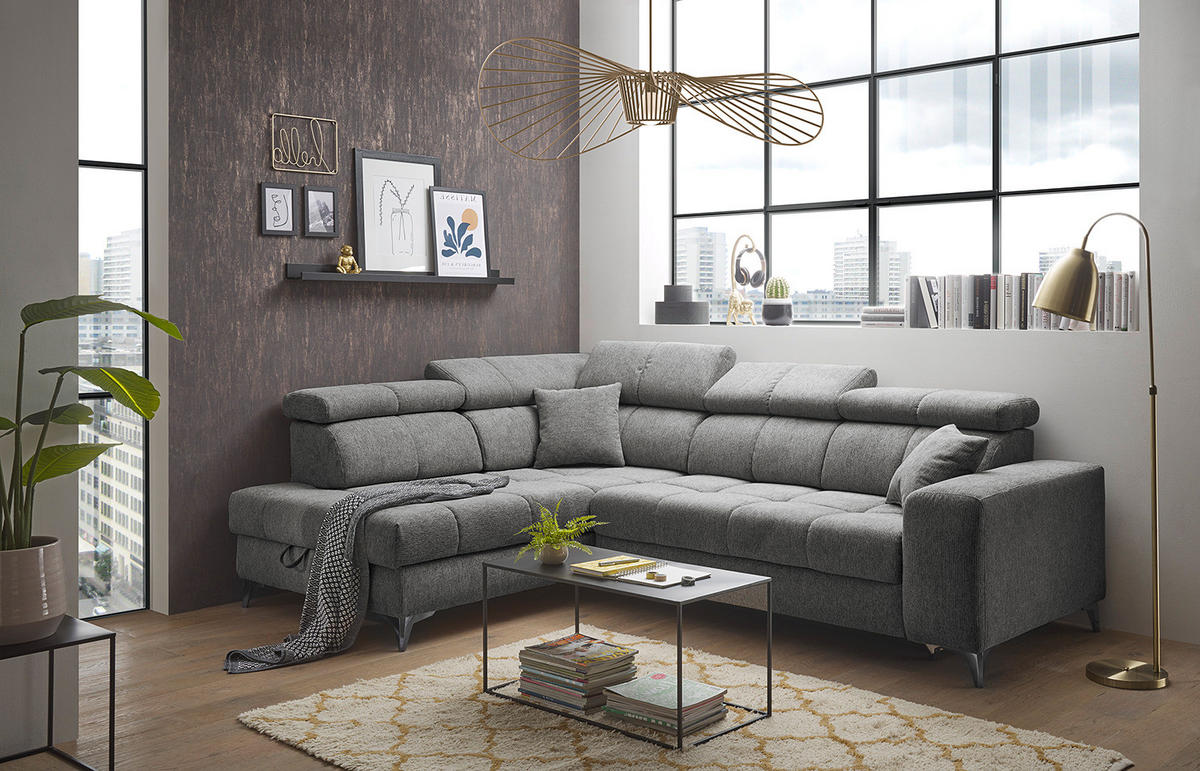 ECKSOFA mit Schlaffunktion - Webstoff - Anthrazit/Schwarz, Kunststoff/Textil (282/198cm) - home24