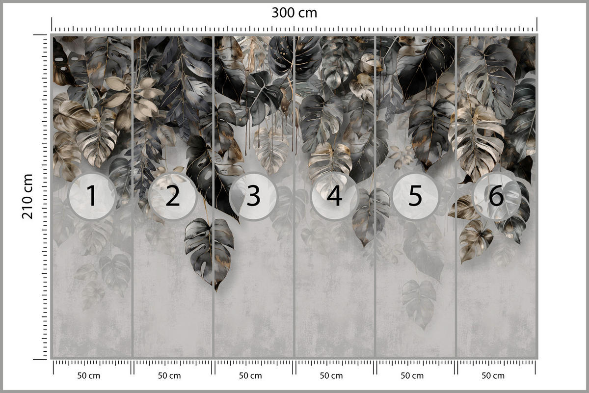 FOTOTAPETE für Wohnzimme Tropenblätter Beton Monstera 300x210 - Gelb/Schwarz, Papier (300/210cm) - Muralo