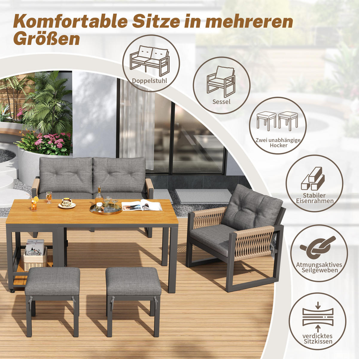 GARTENMÖBEL-SET 150/79,5/75 cm grau/natur aus Eisen mit abnehmbarem Tisch und Kissen - Grau, Metall - OKWISH