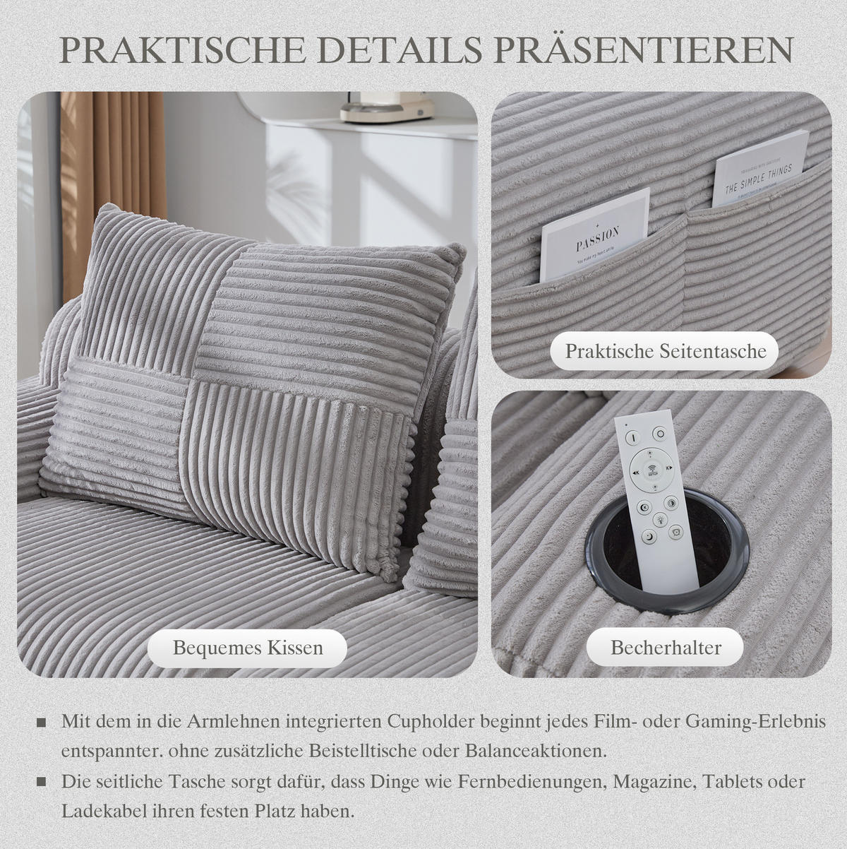 WOHNLANDSCHAFT 268/174/80 cm in Hellgrau, modular mit 2 Hockern und Getränkehalter - Hellgrau, Textil (174/80/268cm) - Flora Grace