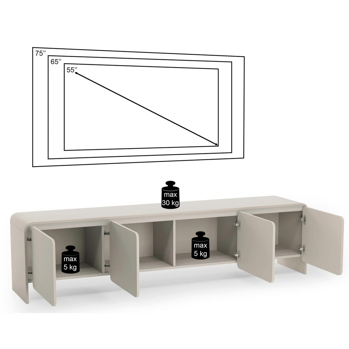 TV stolík so 4 dvierkami, Kašmír, 207cm - kašmírová, kov/kompozitné drevo (207/50.5/39cm) - Selsey
