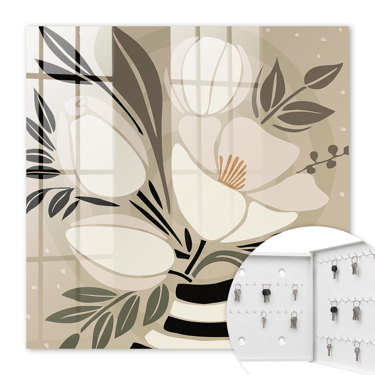 SCHLÜSSELBOX Weiß 30x30 cm – Türöffnung nach rechts - Floraler Minimalismus - Beige, Metall (30/30/5cm) - TULUP