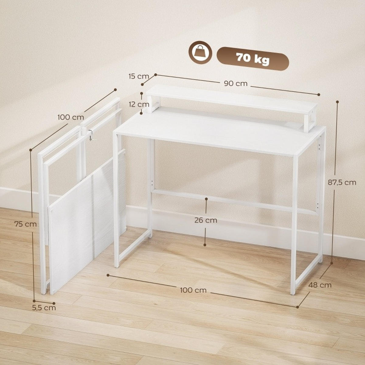 SCHREIBTISCH klappbar 100 x 48 cm Holzoptik Weiß - Weiß, Holz (100/48/87.5cm) - Meubliv