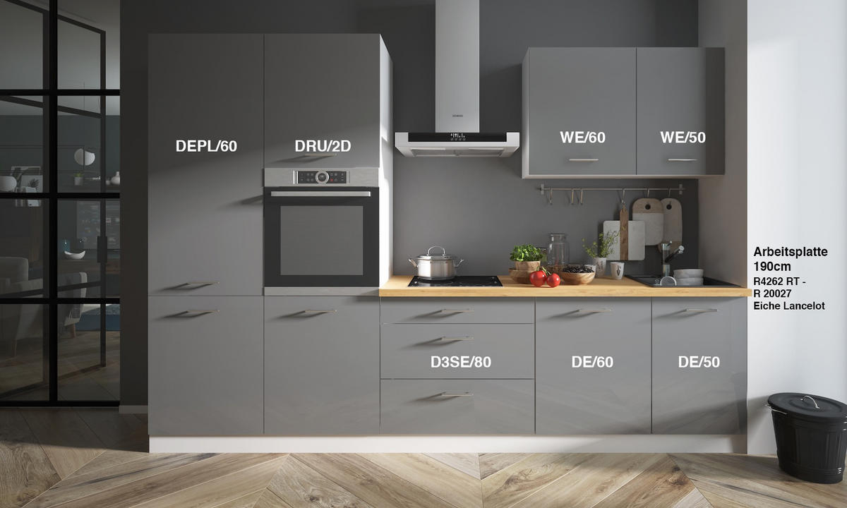 KÜCHENLEERBLOCK Essen Trend weiß / graphit hochglanz - eiche lancelot 8-teilig - Graphitfarben/Weiß, Holzwerkstoff (310/207/60cm) - Feldmann-Wohnen