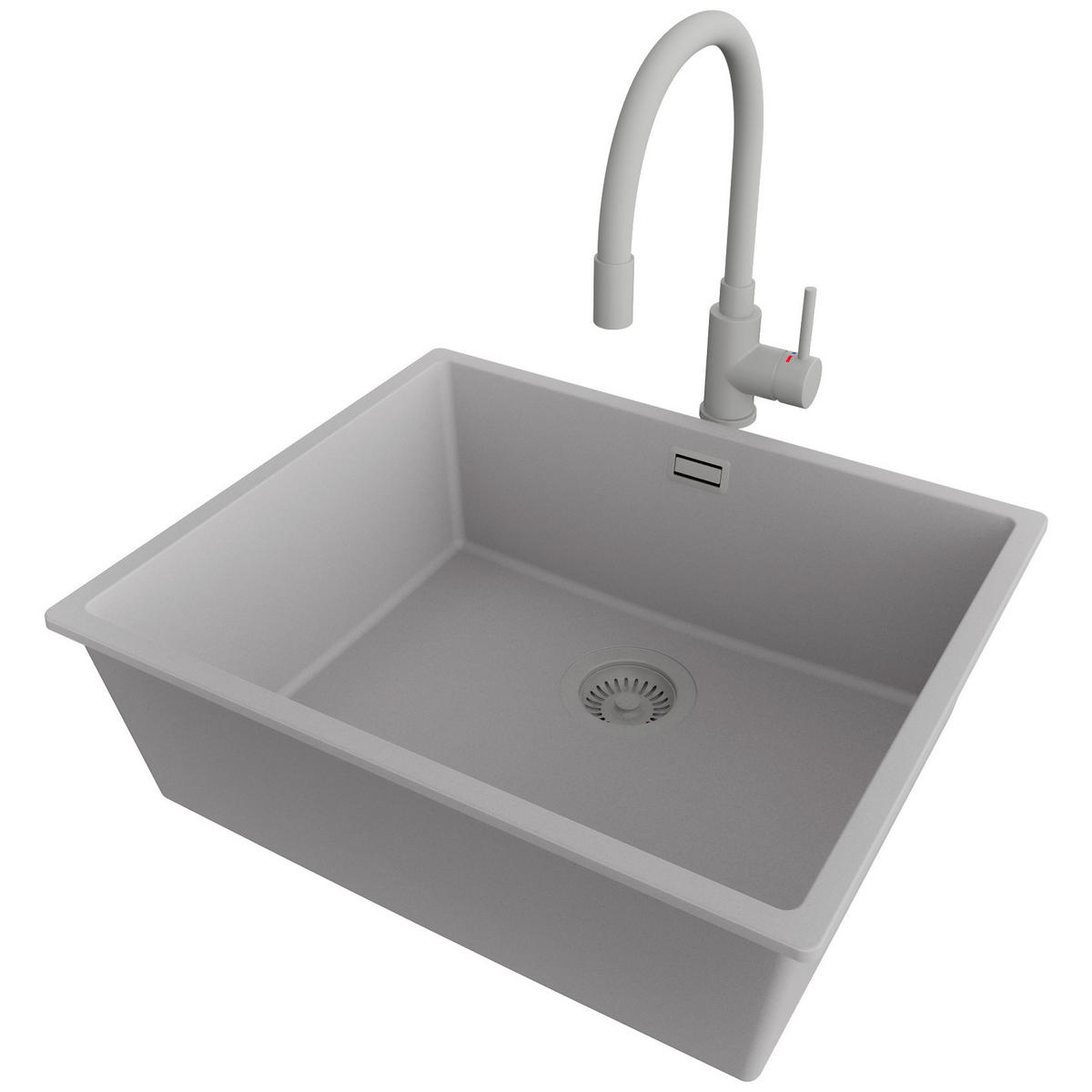 UNTERBAUSPÜLE GRANIT London, 2-er set Grau 56/47 cm 1 Becken + Küchenarmatur 38/14 cm + Ablauf-Set ab 60er Unterschrank - Grau, Kunststoff (56/20/47cm) - Primagran