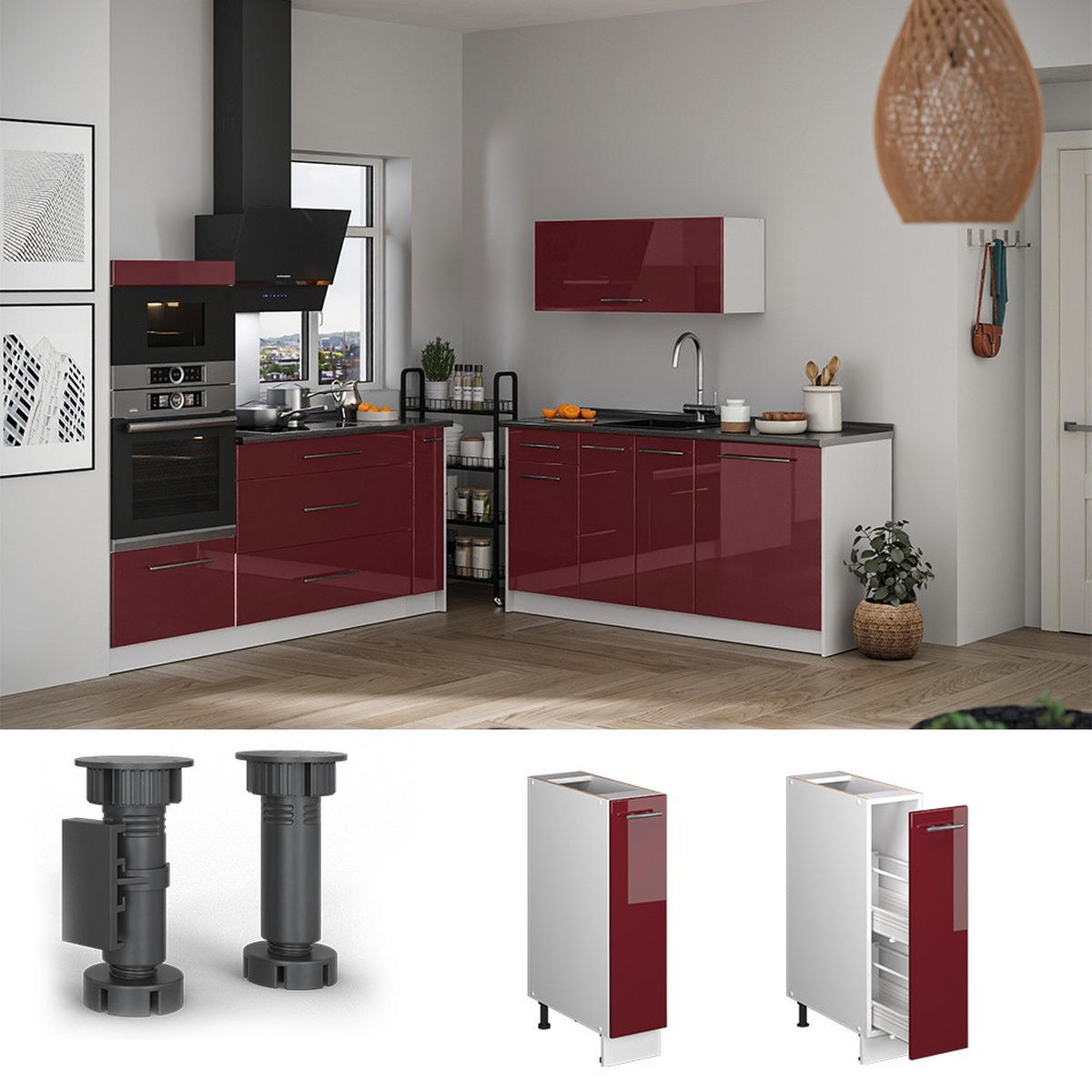 APOTHEKERSCHRANK Fame-Line, Bordeaux Hochglanz/Weiß, 20 cm, AP Eiche - Bordeaux/Weiß, Holzwerkstoff (20/82/60cm) - Vicco