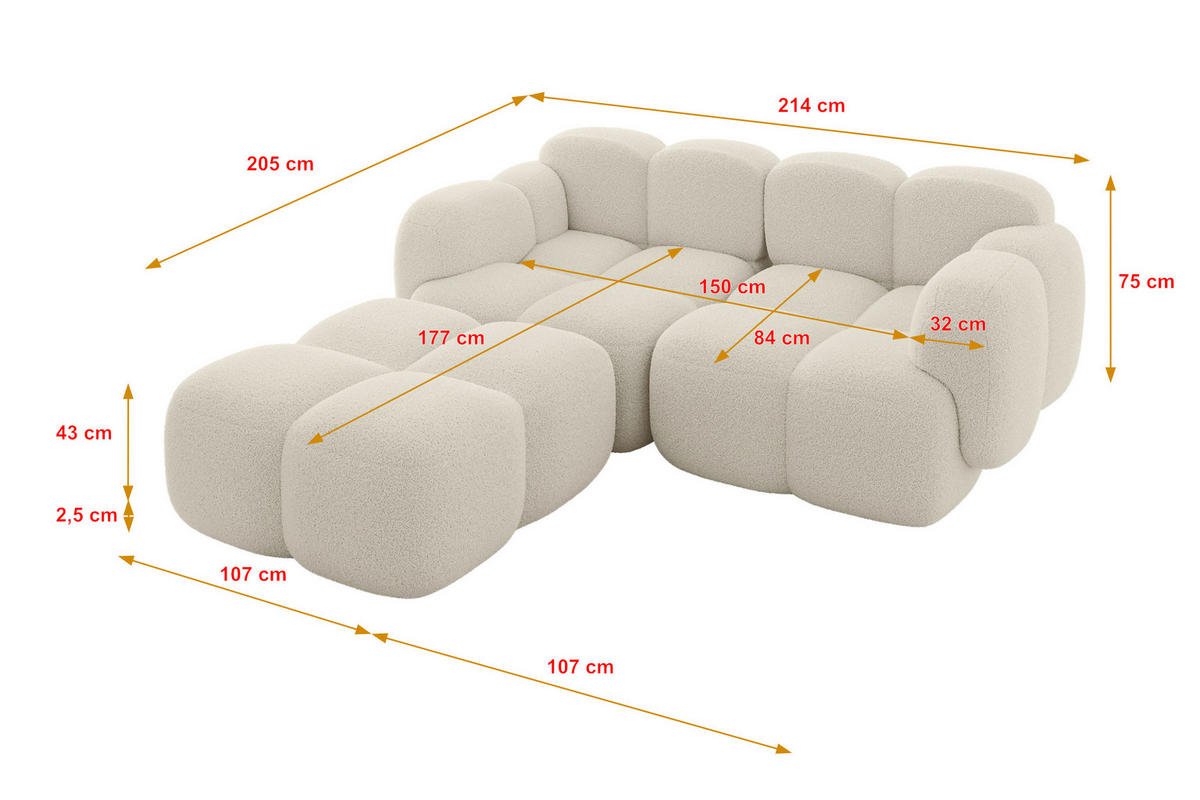ECKSOFA modulares Sofa Links Miko-L1 214x205x75 Beige Bouclé - Sandfarben/Schwarz, Holzwerkstoff/Kunststoff (214/205cm) - ALTDECOR