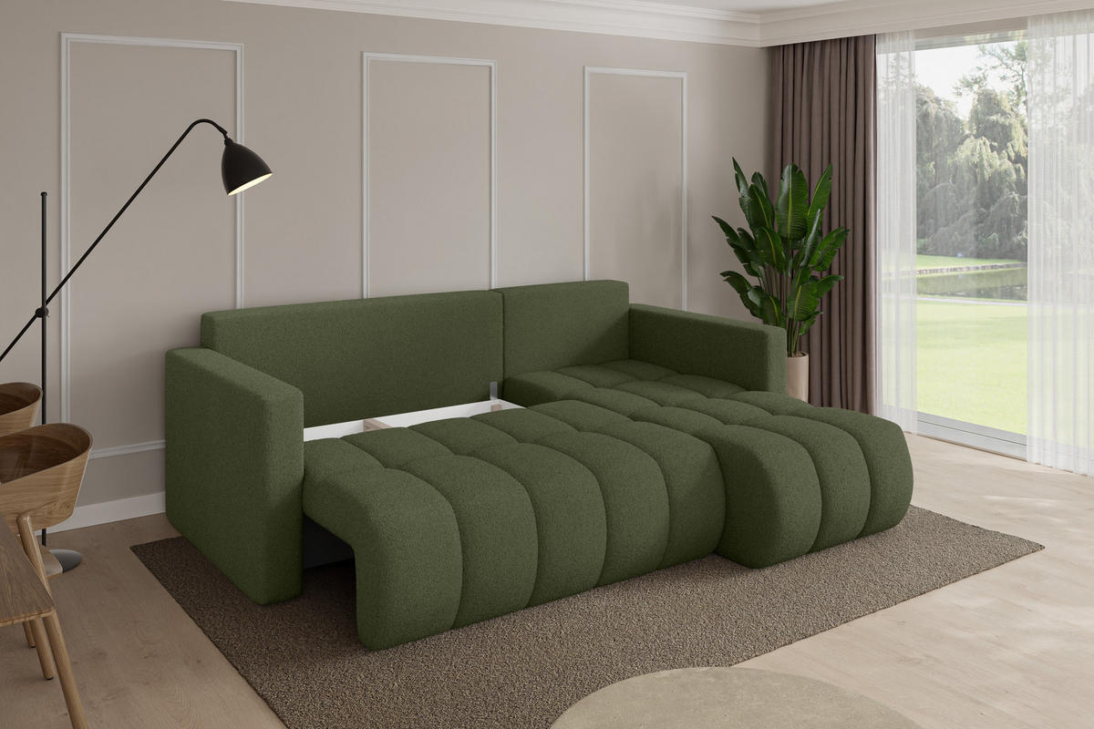 ROHOVÁ SEDAČKA s funkcí spaní, otoman vpravo GARD-L 226x146x85 zelená bouclé - černá/zelená barva, kompozitní dřevo/textil (226/146cm) - ALTDECOR