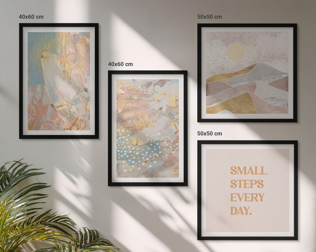 BILDER SET 4er Set - 50x50 cm & 40x60 cm Schwarzer Rahmen - Abstrakte Pastellmuster - Schwarz, Kunststoff (50/50cm) - TULUP