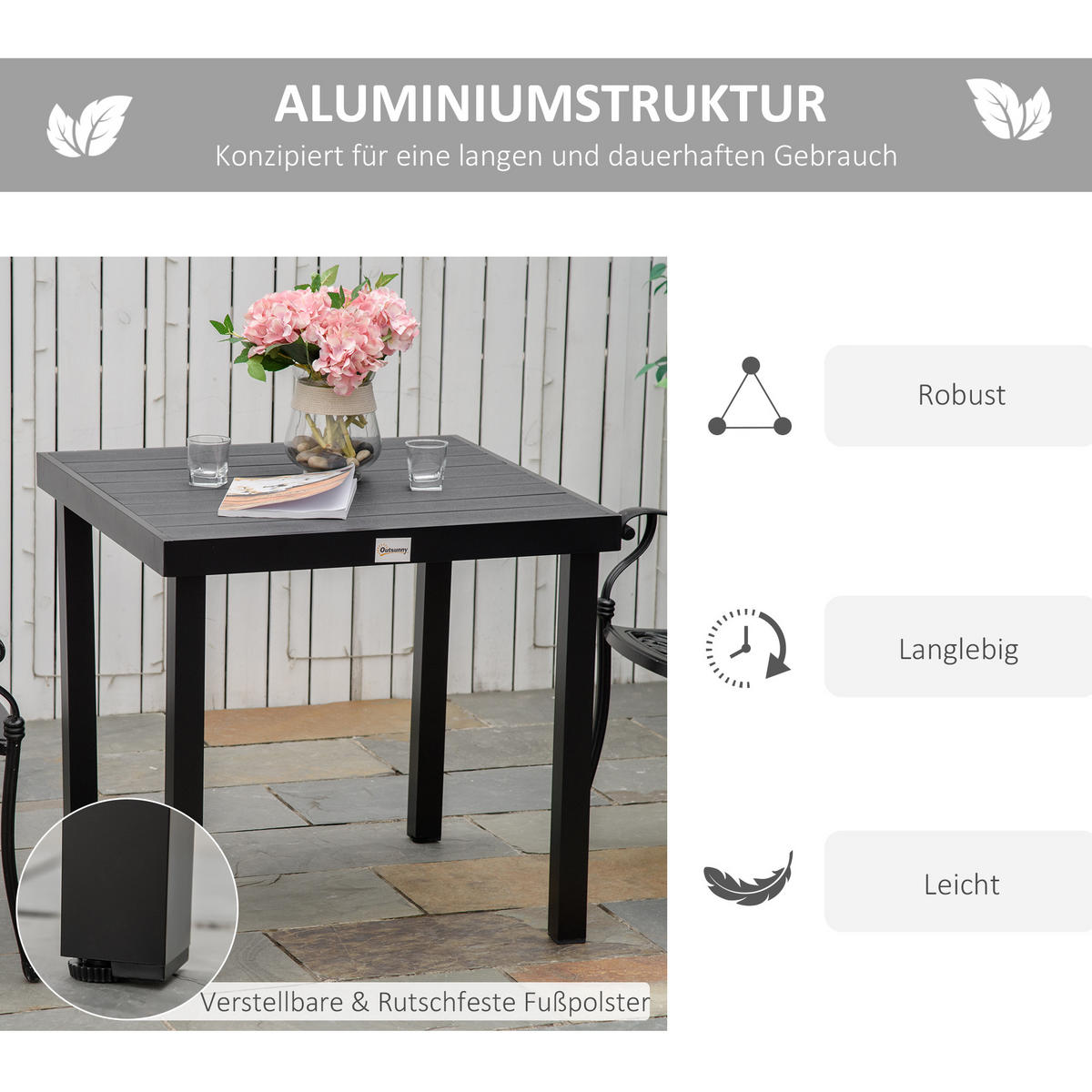 GARTENTISCH, Aluminium, Kunststoff, Schwarz - Schwarz, Metall (78/78/74cm) - Outsunny