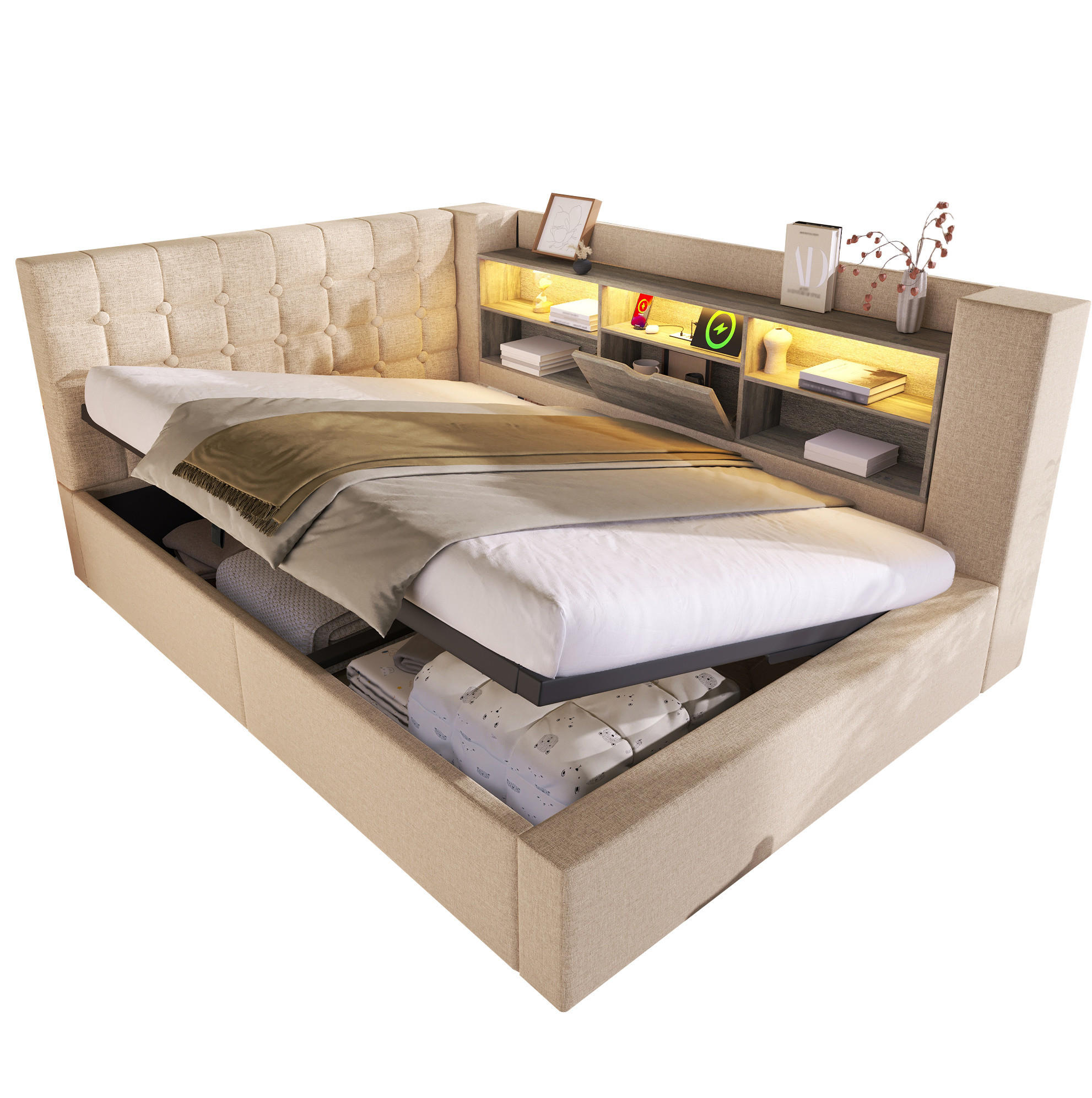 POLSTERBETT 140/190 cm Beige mit Stauraum, LED-Beleuchtung und USB-Anschlüssen - Beige, Textil (140/190cm) - Flora Grace