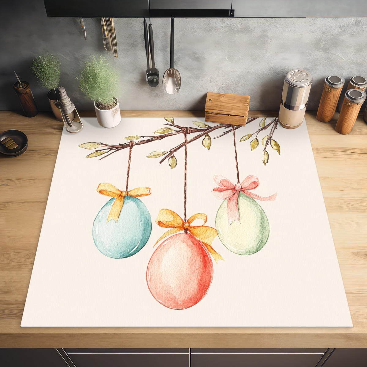 HERDABDECKPLATTE Osterkuchen - Schleife - Eier Induktionsmatte 78x78 cm - Creme, Kunststoff (78/78/0.2cm) - MuchoWow