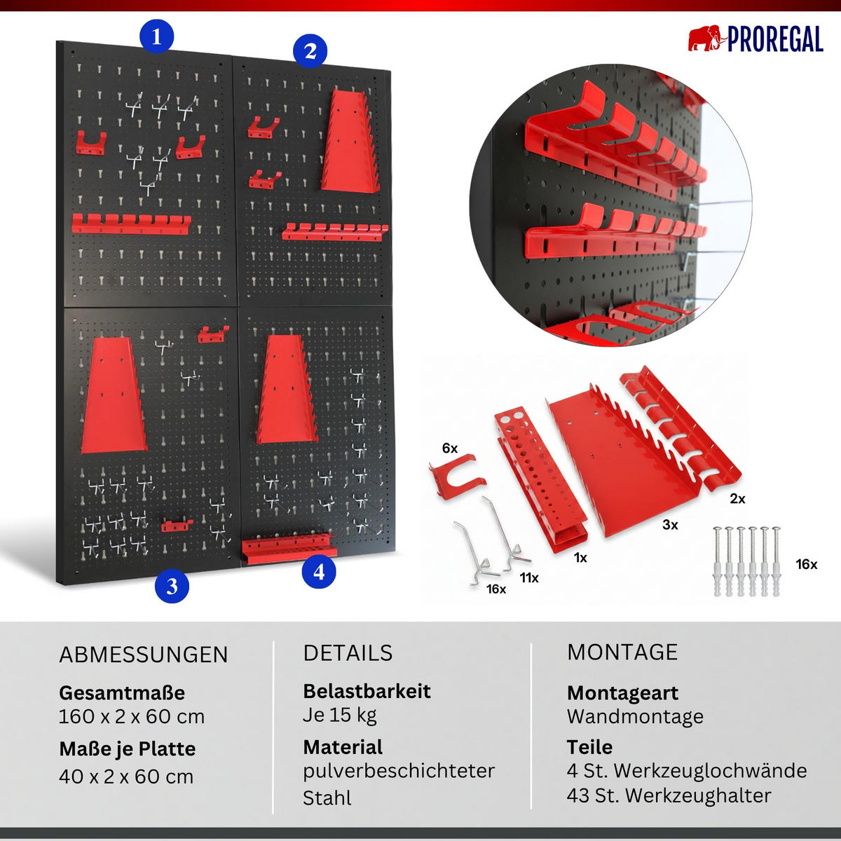 WERKZEUGWAND Ares Werkzeug Lochwand inkl. Halterungen 160x60cm - Schwarz, Metall (160/60/2cm) - PROREGAL