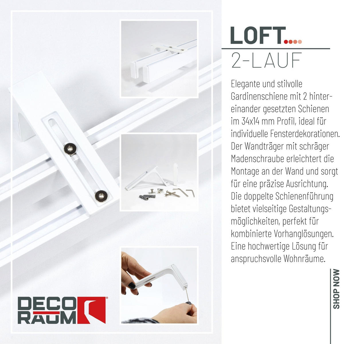 GARDINENSCHIENE 2-lauf Loft - Weiß, Metall (380cm) - Deco-Raum