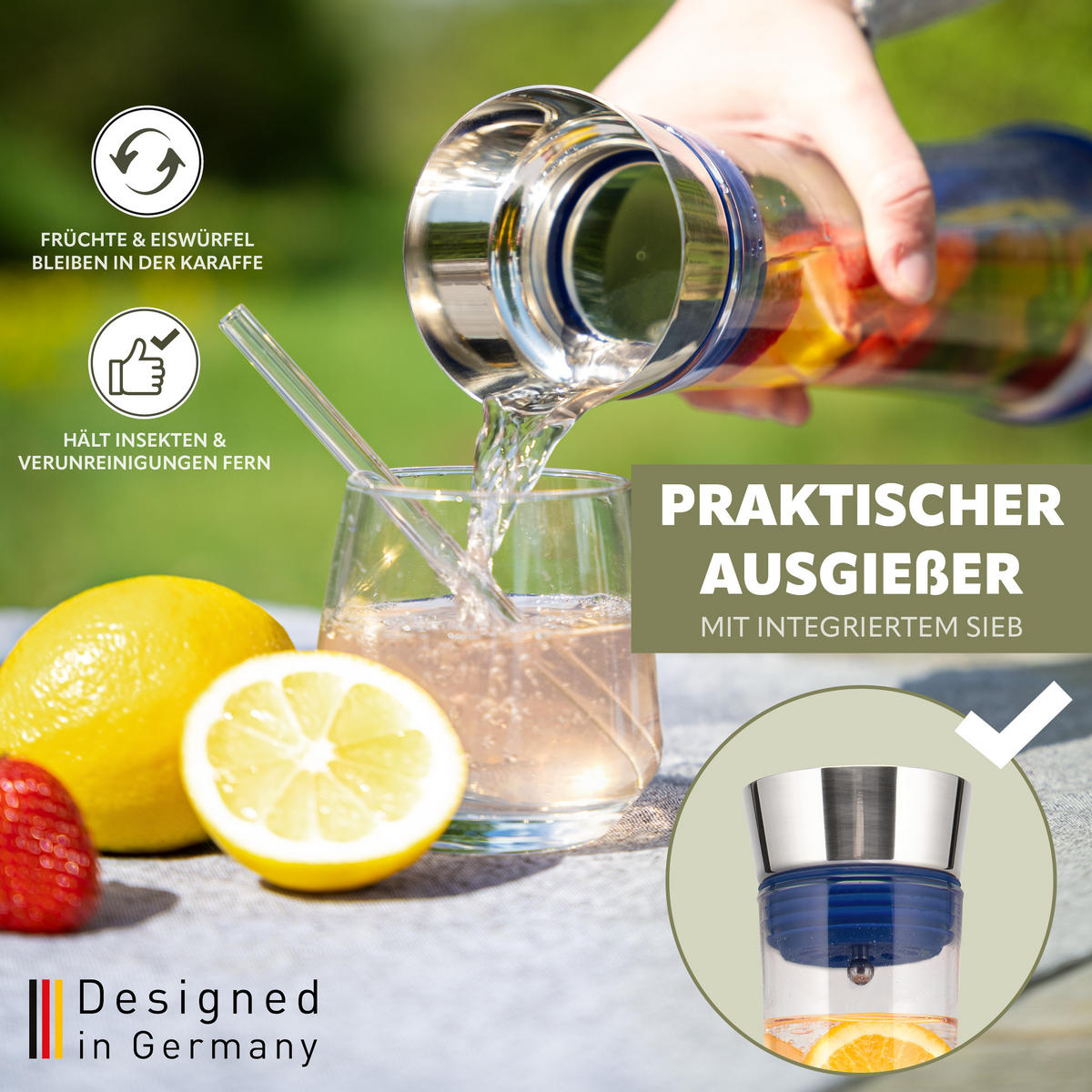 GLASKARAFFE 1 Liter CAROLA, blau, Edelstahl, Silikon - Blau, Glas (1L) - bremermann