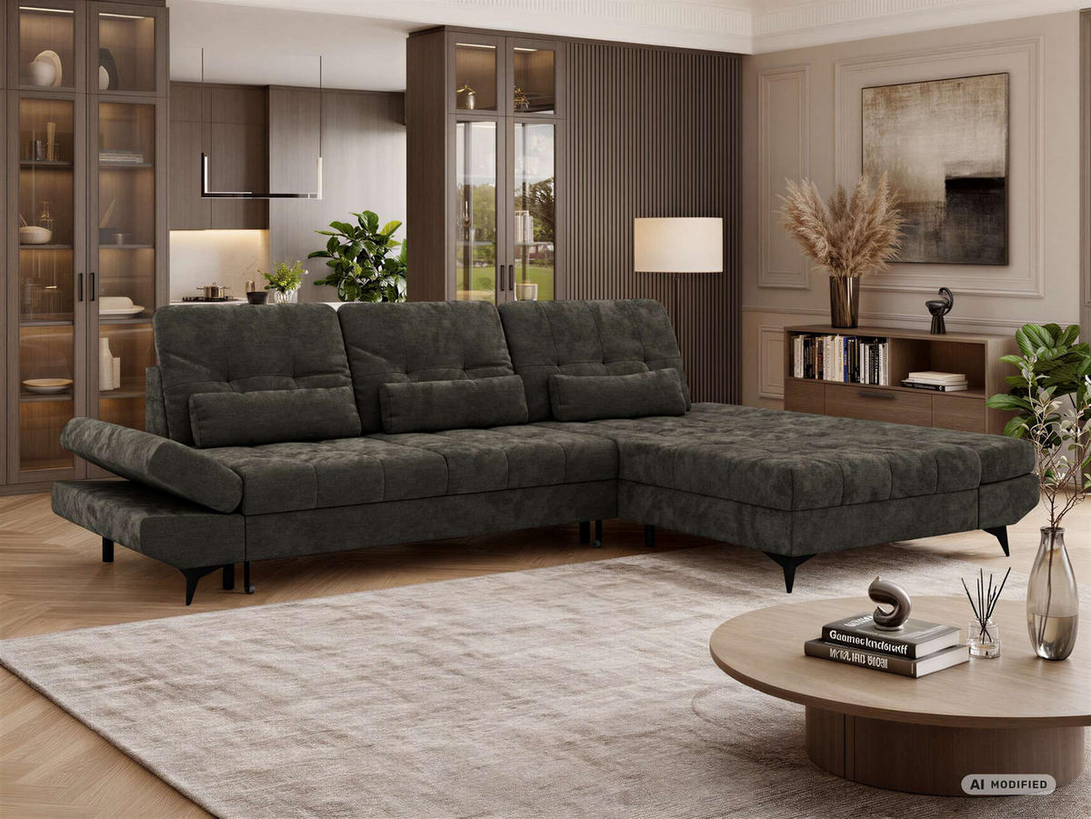 ECKSOFA ALVENO L - Dunkelgrau Schenille glatt - Rechts Seite - Dunkelgrau/Schwarz, Textil/Metall (344/218cm) - MKS