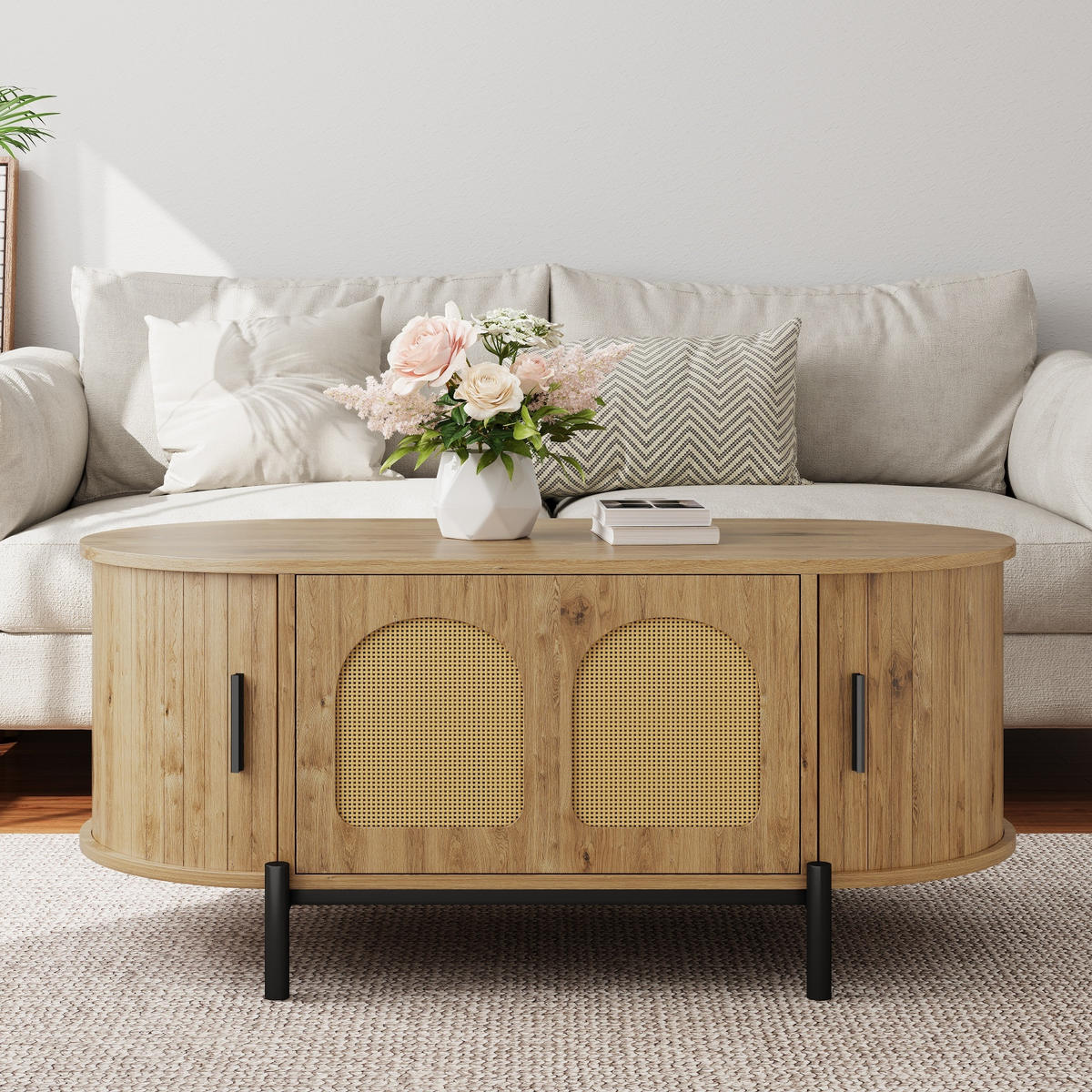 COUCHTISCH oval Rattan Holzoptik - Naturfarben, Holzwerkstoff (50/100/40cm)