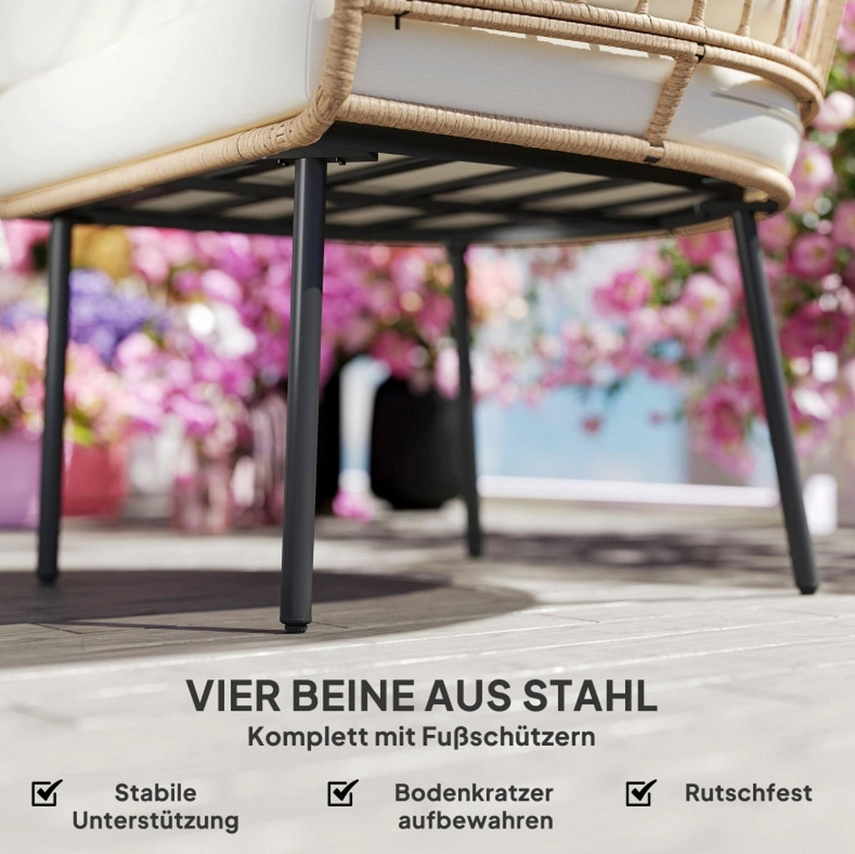 RATTANSESSEL 95/80/155 cm mit abnehmbaren Kissen und Stahlgestell, wetterfestes Rattan, Beige - Beige, Metall (95/155/80cm) - Redom