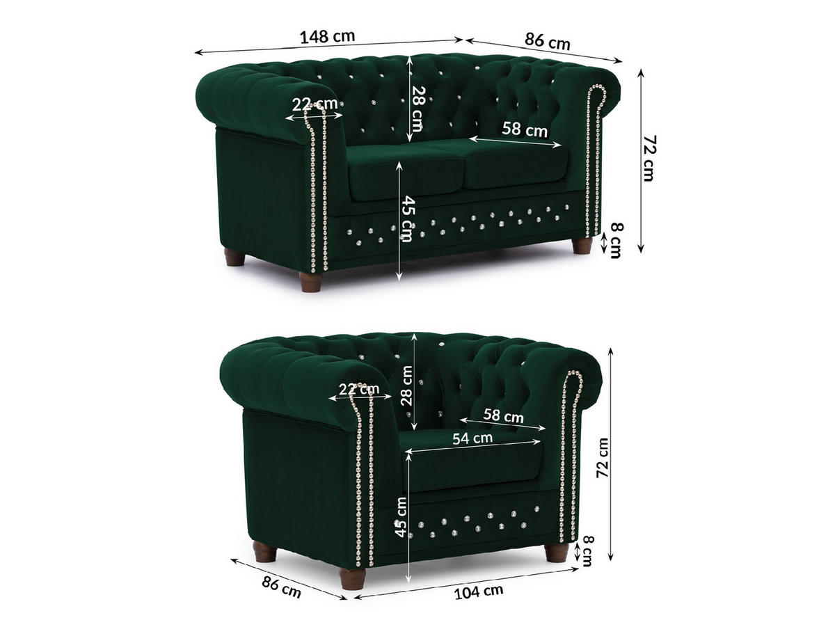 SITZGARNITUR 2+1 Chesterfield Cleo Blink Flasche Grün Samt mit Kristallsteppung und braunen Massivholzfüßen - Beige/Braun, Holz/Textil (148/72/86cm) - S-Style Möbel