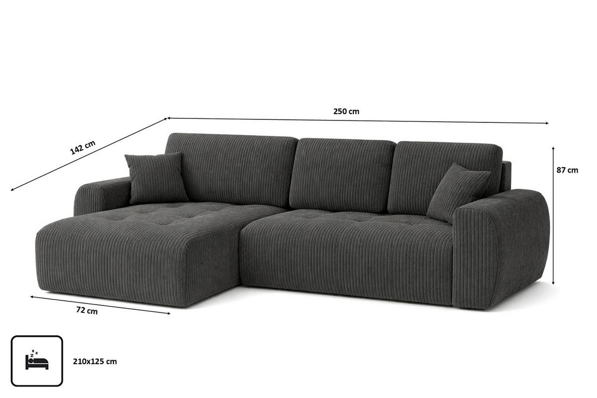 ECKSOFA Mit Schlaffunktion Und Bettkasten L-Form Ivo L, Cordstoff Poso, Grau, Links - Grau, Holz (250/142cm) - Kaiser Möbel