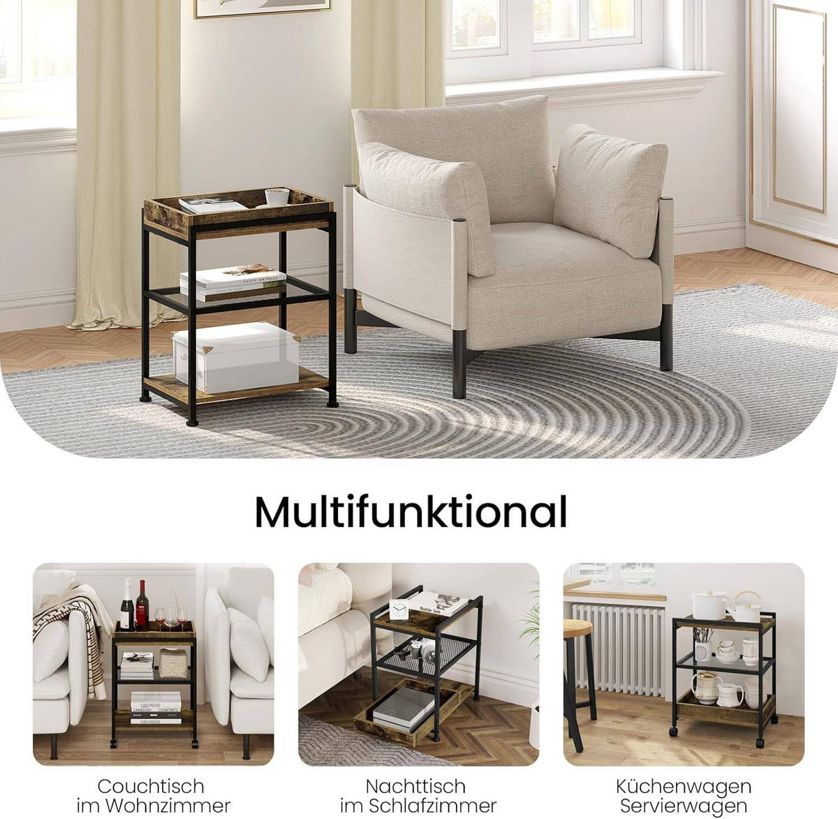 BEISTELLTISCH, mit Rollen, 3 Ablagen 1 abnehmbares Tablett - Dunkelbraun/Schwarz, Holzwerkstoff/Metall (28.5/41.5/51.5cm) - Woltu