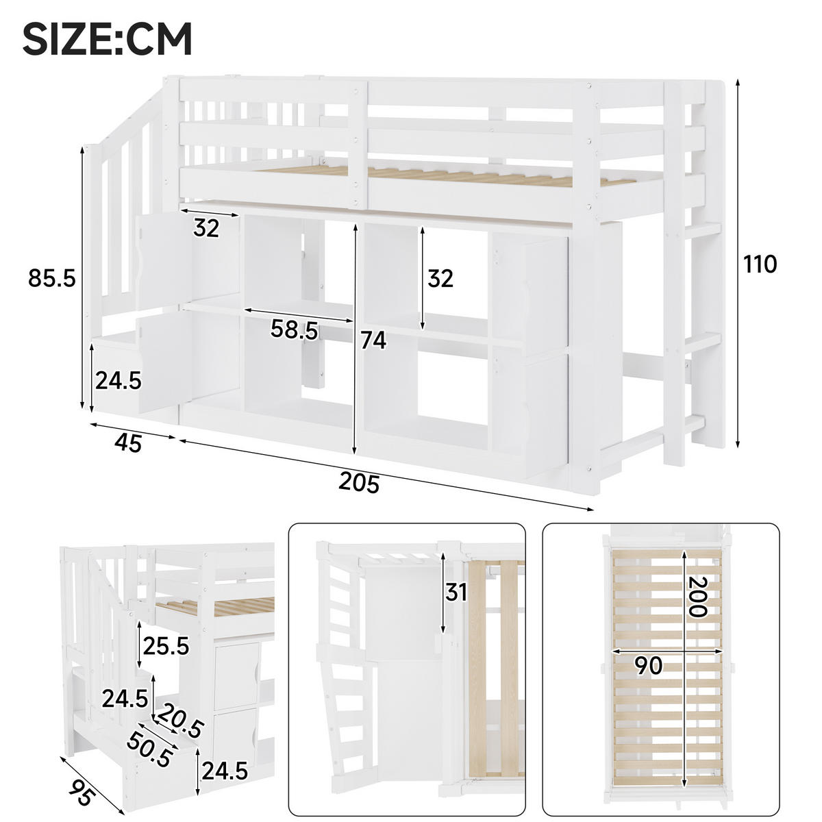 HOCHBETT 90 x 200 cm mit Ablagefächern, Schränken, Treppe mit Stauraum und LED-Beleuchtung, Weiß - Weiß, Holz (90/200cm) - KOMHTOM
