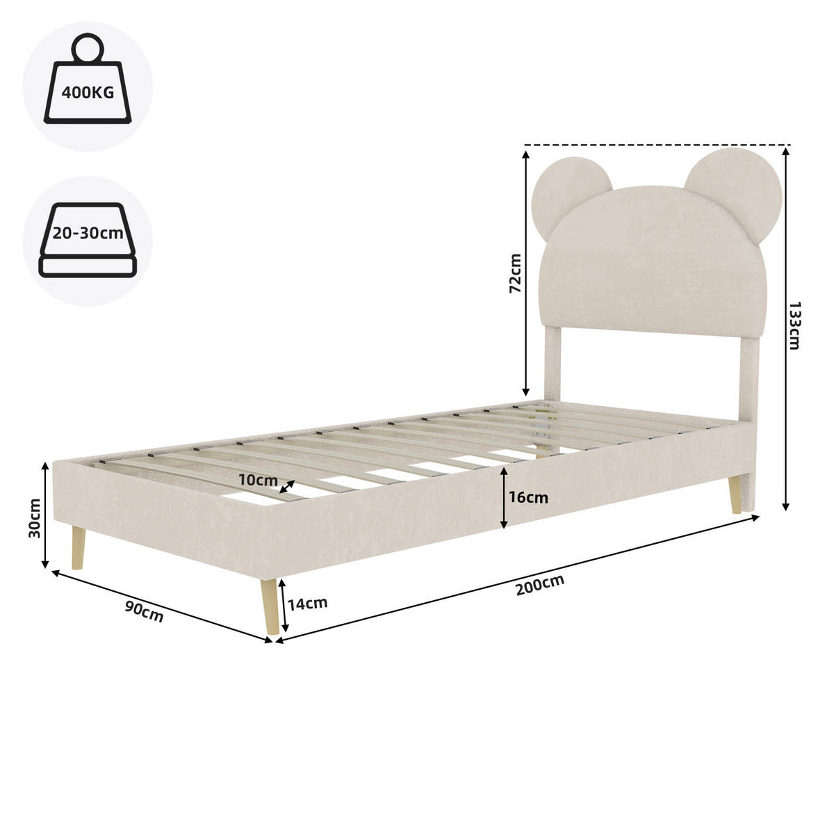 KINDERBETT 90/200 cm beige aus Stoff und Metall mit Stauraum - Beige, Textil (90/200cm) - OKWISH