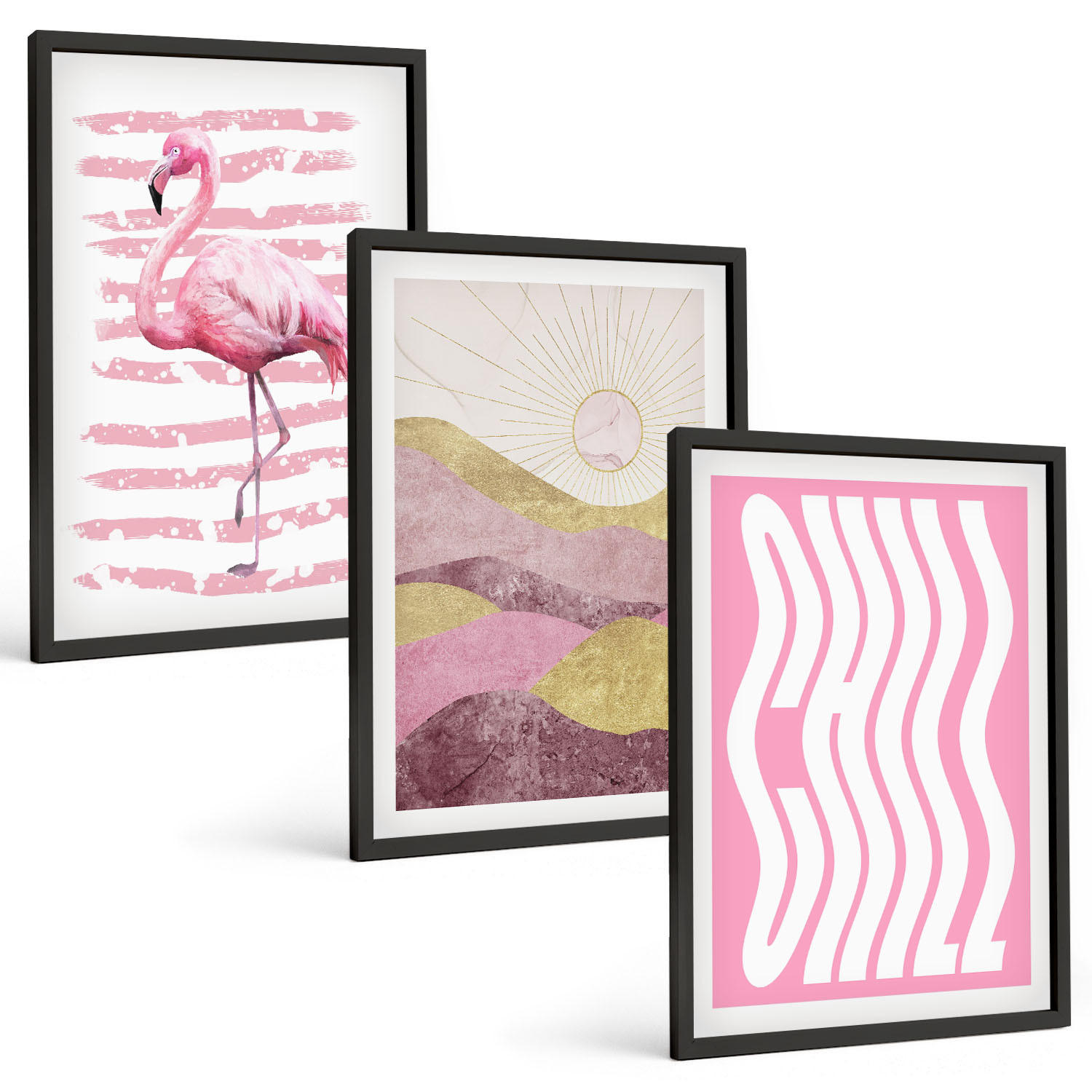 BILDER SET 3er Set - 40x60 cm Schwarzer Rahmen - Pastelllandschaft mit rosa Flamingos - Schwarz, Kunststoff (40/60cm) - TULUP
