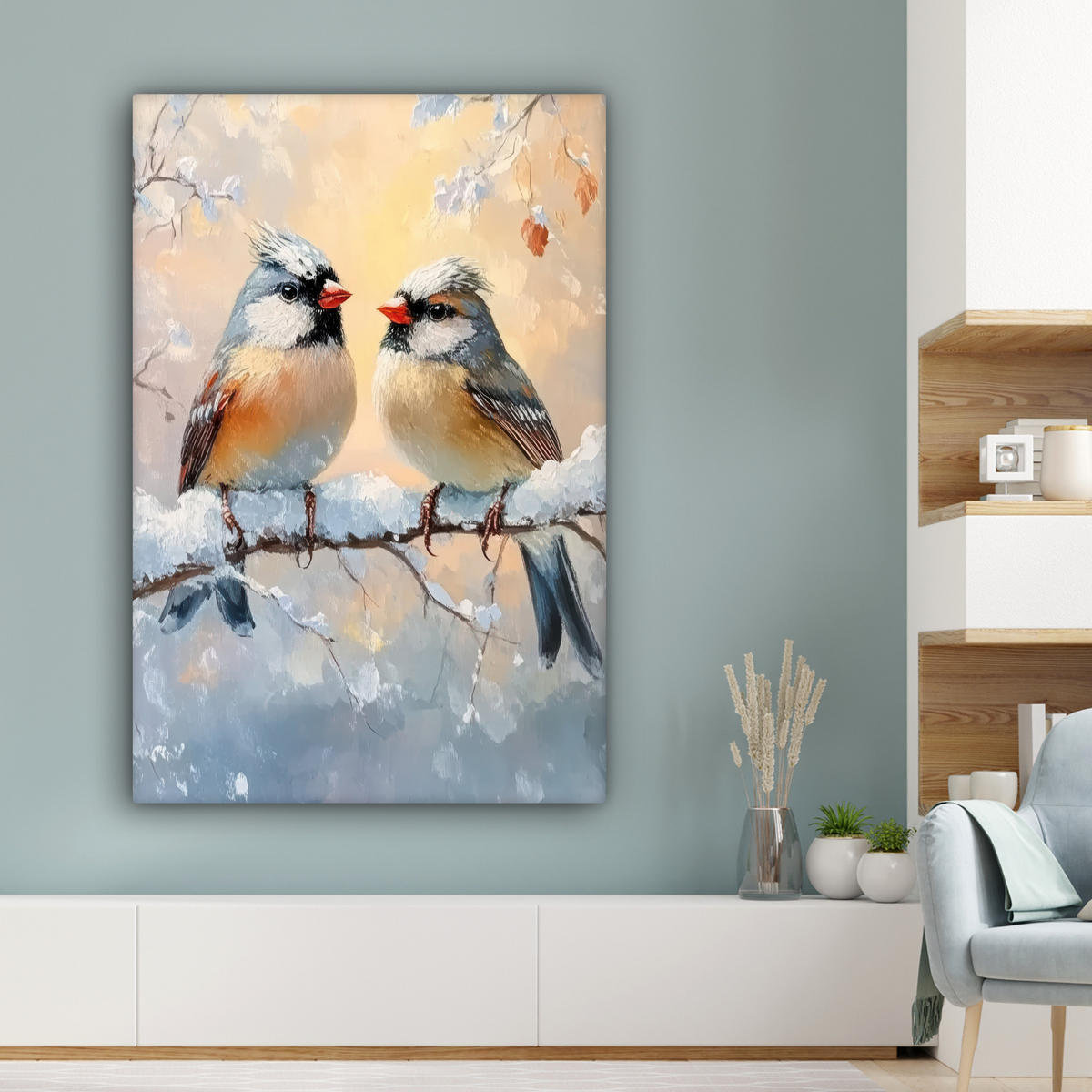 LEINWANDBILD Vögel - Zweig - Winter - Schnee 80x120 cm - Pastellblau, Textil (80/120cm) - MuchoWow