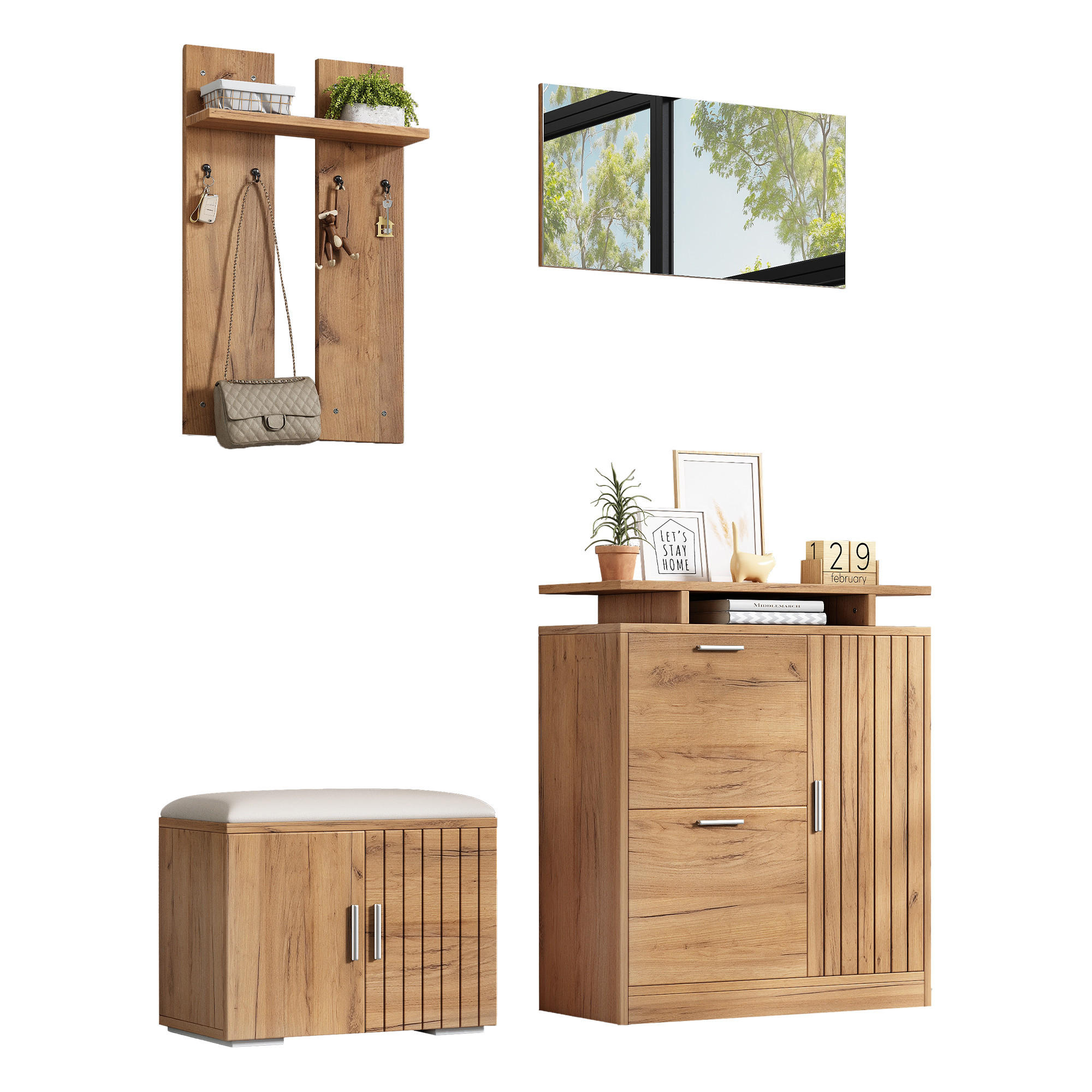 GARDEROBEN-SET 140 cm Natur – Flurmöbel mit Spiegel, Schuhbank & 5 Türen Modern - Naturfarben, Holzwerkstoff (140/133/35cm) - Urban Meuble