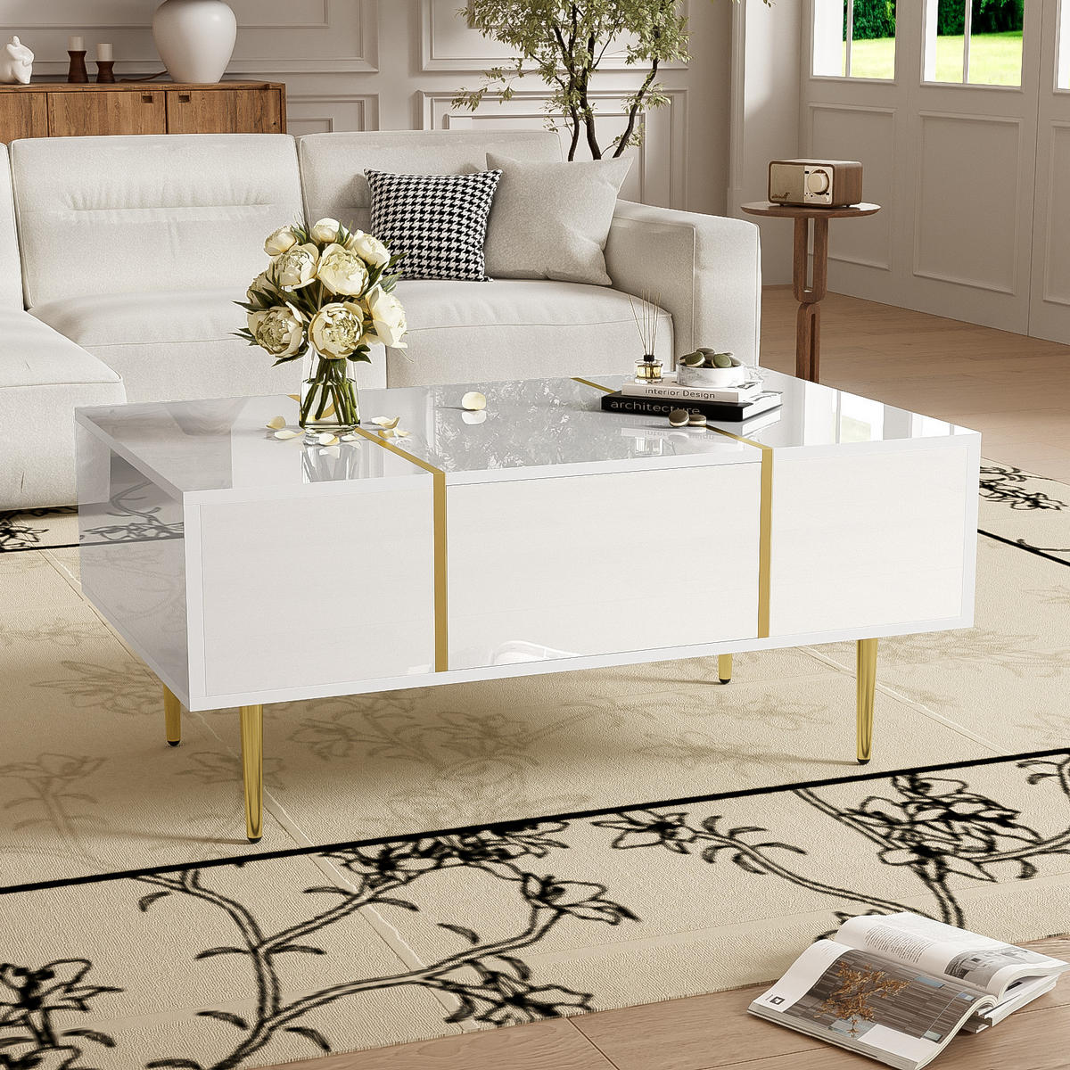 KONFERENČNÍ stolek z MDF, 100/60/41,5 cm bílý vysoký lesk se 2 zásuvkami - bílá, kompozitní dřevo (100/60/41.5cm) - BEAOK