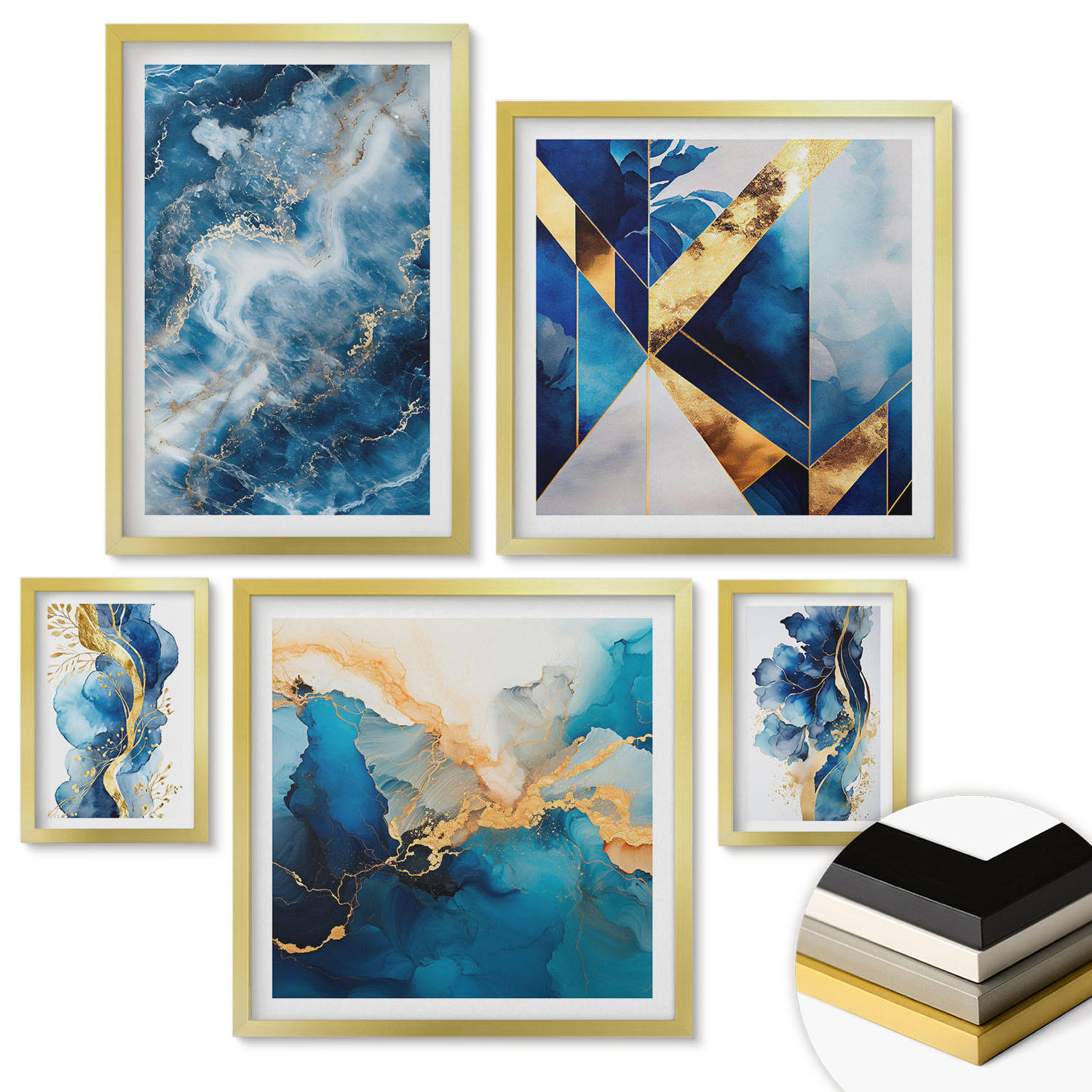 WANDBILDER 5er Set - 50x50 cm & 20x30 cm & 40x60 cm Goldrahmen - Blaue abstrakte Muster - Goldfarben, Kunststoff (40/60cm) - ArtPrintCave