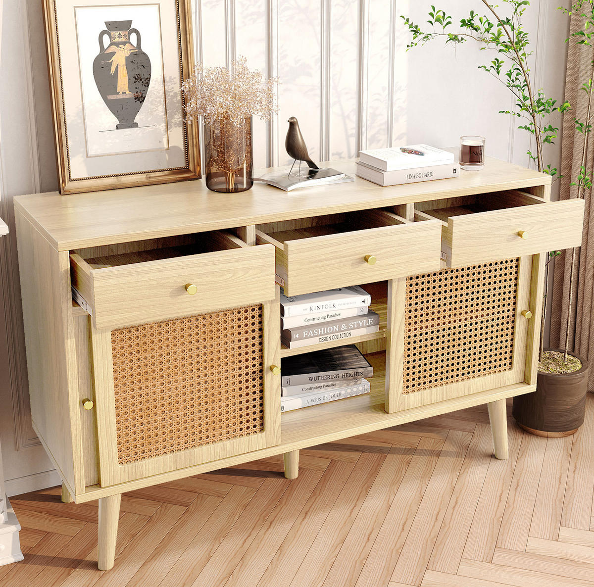KOMMODE aus MDF 120x40x78cm in Eiche mit 3 Schubladen & 3 Schiebetüren - Eichefarben, Holzwerkstoff (120/78/40cm) - Modfu