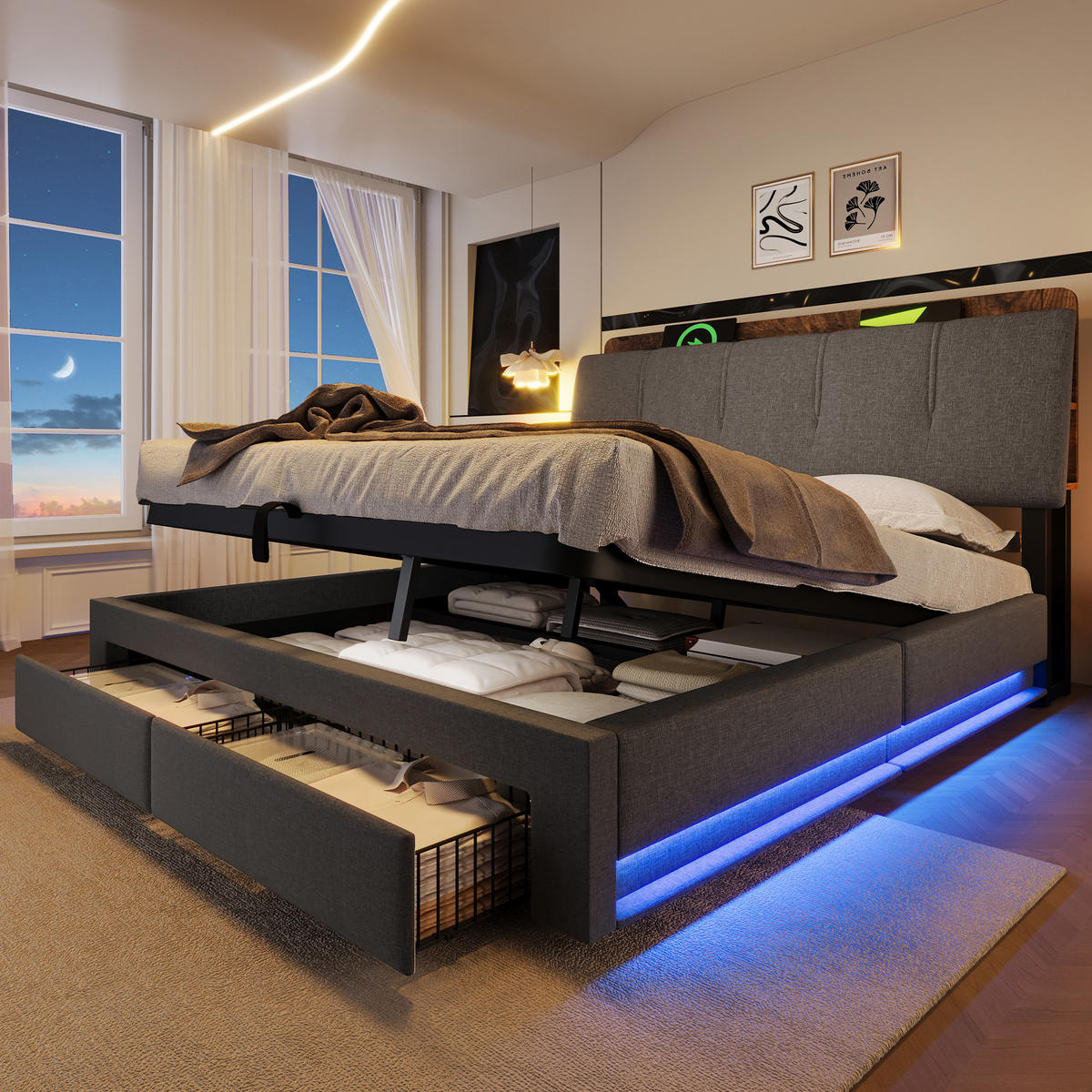 POLSTERBETT 140/200 cm Grau mit USB-Typ-C-Ladeanschluss, LED-Beleuchtung und 2 Schubladen - Grau, Textil (140/200cm) - Oxeza