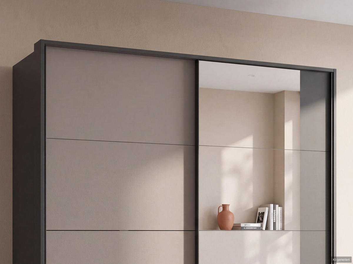 SCHWEBETÜRENSCHRANK 2-türig B183/H200/T65 cm, Passepartout-Kleiderschrank mit Spiegel & sichtbaren Schubkästen in Grafit, 1x Tür in Sandgrau / 22715 - Sandfarben/Schwarz, Holz/Holzwerkstoff (183/200/65cm) - luma-home