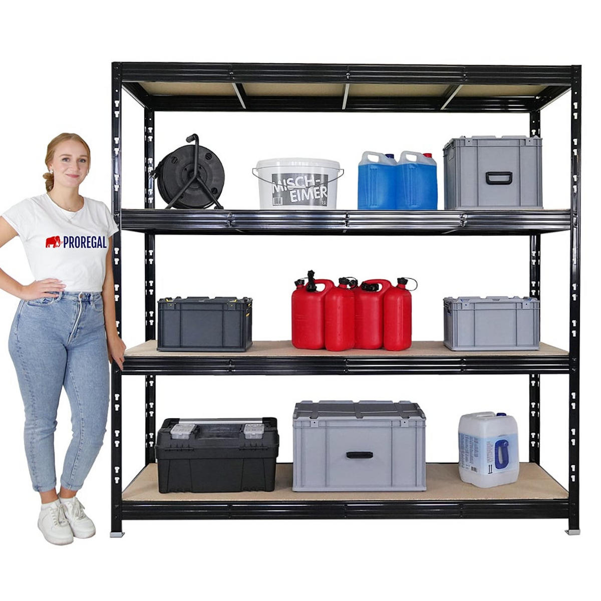 SCHWERLASTREGAL Rhino 200x200x60 cm 4 Spanplatten-Ebenen 8mm Fachlast 500 kg Schwarz - Schwarz, Metall (200/200/60cm) - PROREGAL