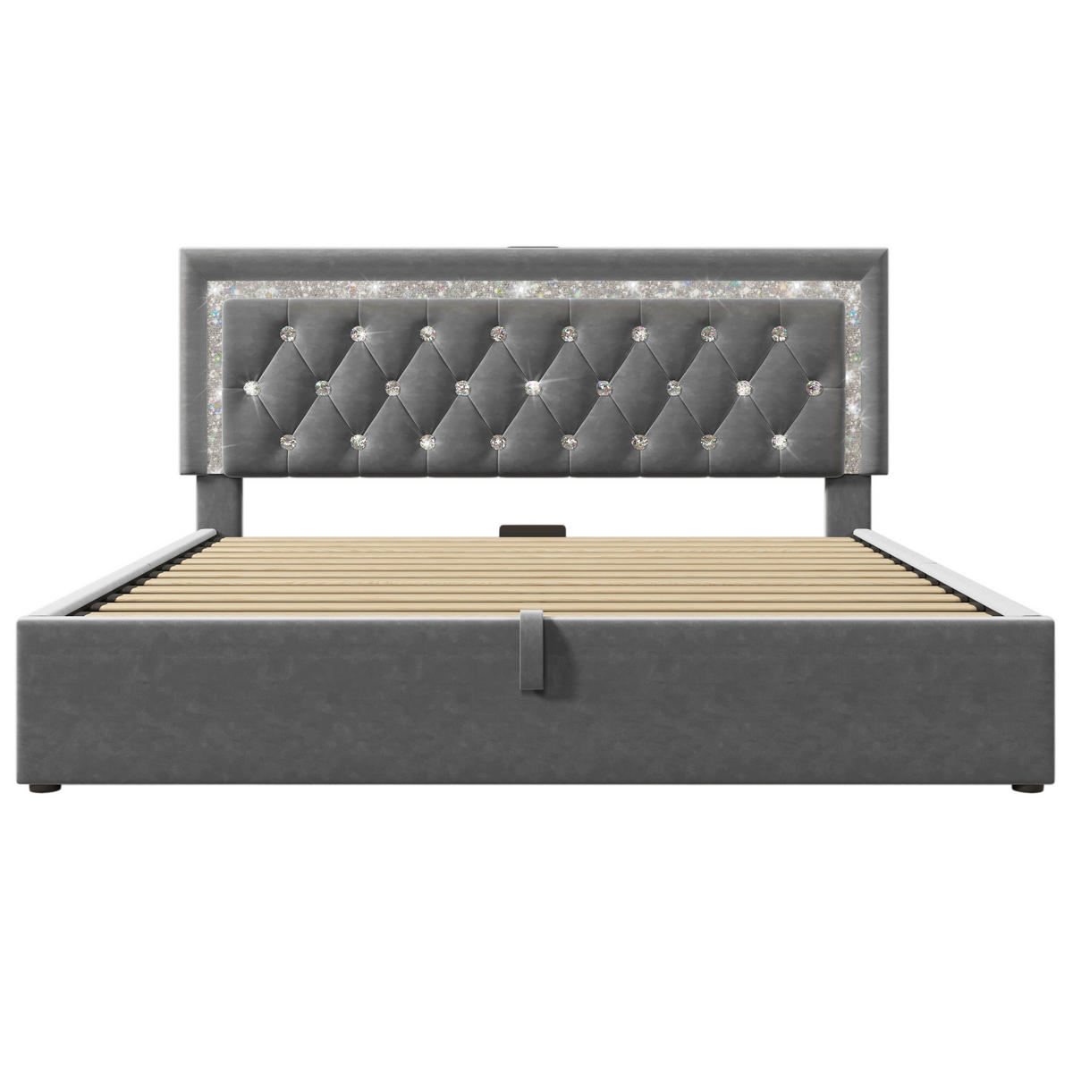 POLSTERBETT 90/200 cm aus Leinen mit LED-Beleuchtung und USB- sowie Typ-C-Anschlüssen Grau - Grau, Textil (90/200cm) - Modenvie