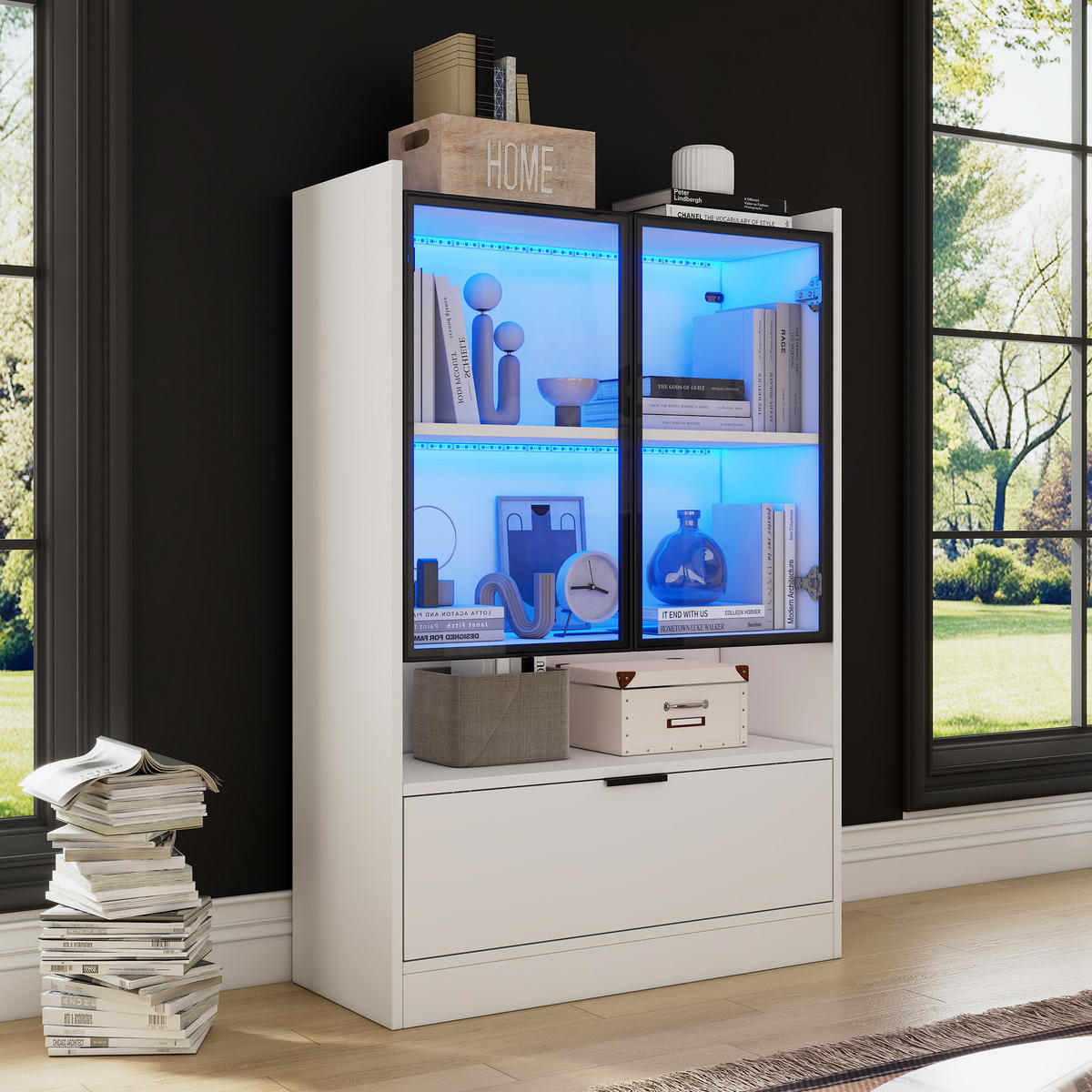 VITRINE LED Matt Glasvitrine Klapptür 120cm Weiß Standvitrine - Weiß, Holzwerkstoff (80/120/35cm) - FLIEKS