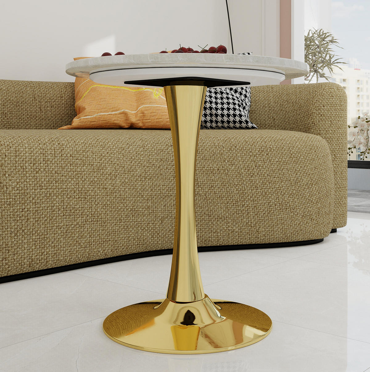 COUCHTISCH 70 cm in Gold/Weiß aus Kunstmarmor–rund und vielseitig - Goldfarben, Stein (70/70/72cm) - Flora Grace