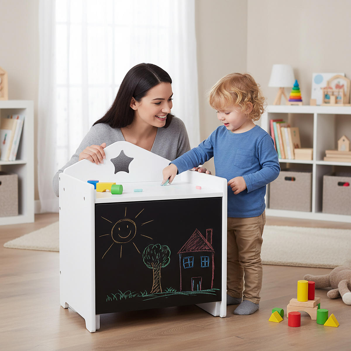 KINDERSITZGRUPPE Weiß 2-tlg.-Set MDF Kreidetafel - Weiß, Holzwerkstoff (38/48.5/30cm) - Relaxdays