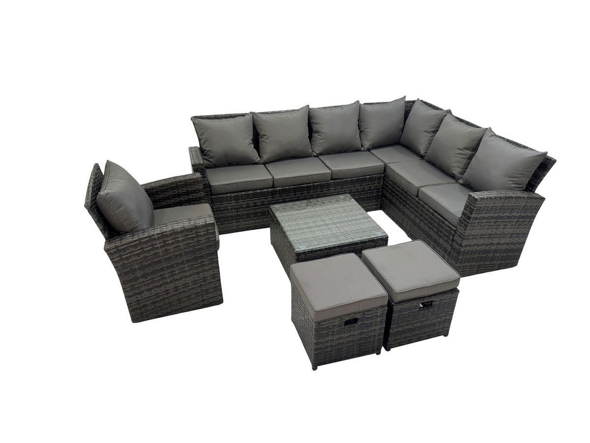 GARTEN-ECKSOFAGARNITUR Polyrattan Dunkelgrau 9-Sitzer - Dunkelgrau/Grau, Glas/Kunststoff - Fimous