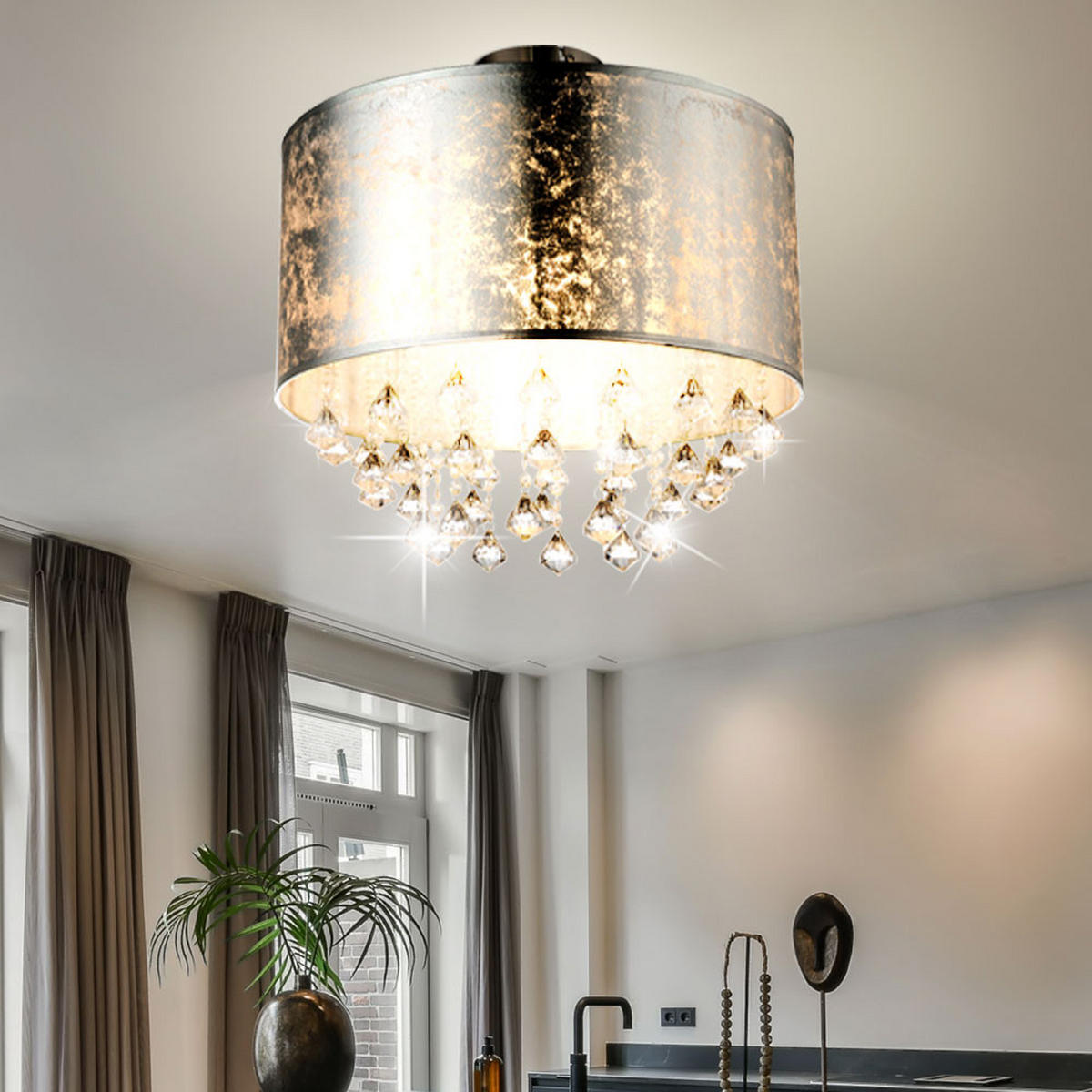 DECKENLEUCHTE Metall Kristalloptik Silber - Silberfarben, Metall (40/40/38cm) - Globo Lighting