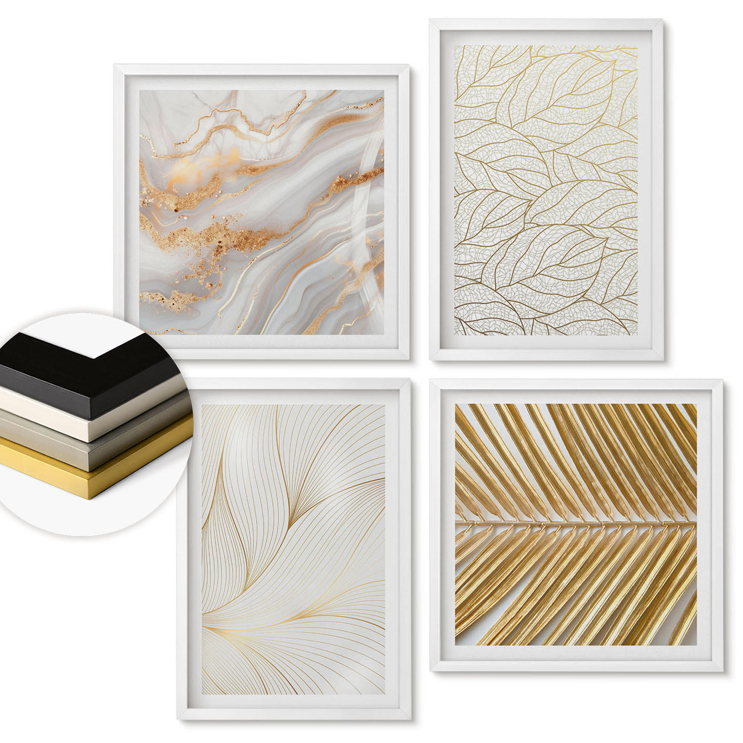 WANDBILDER 4er-Set - 50x50 cm & 40x60 cm Weißer Rahmen - Blattmuster Marmor abstrakt - Weiß, Kunststoff (50/50cm) - ArtPrintCave