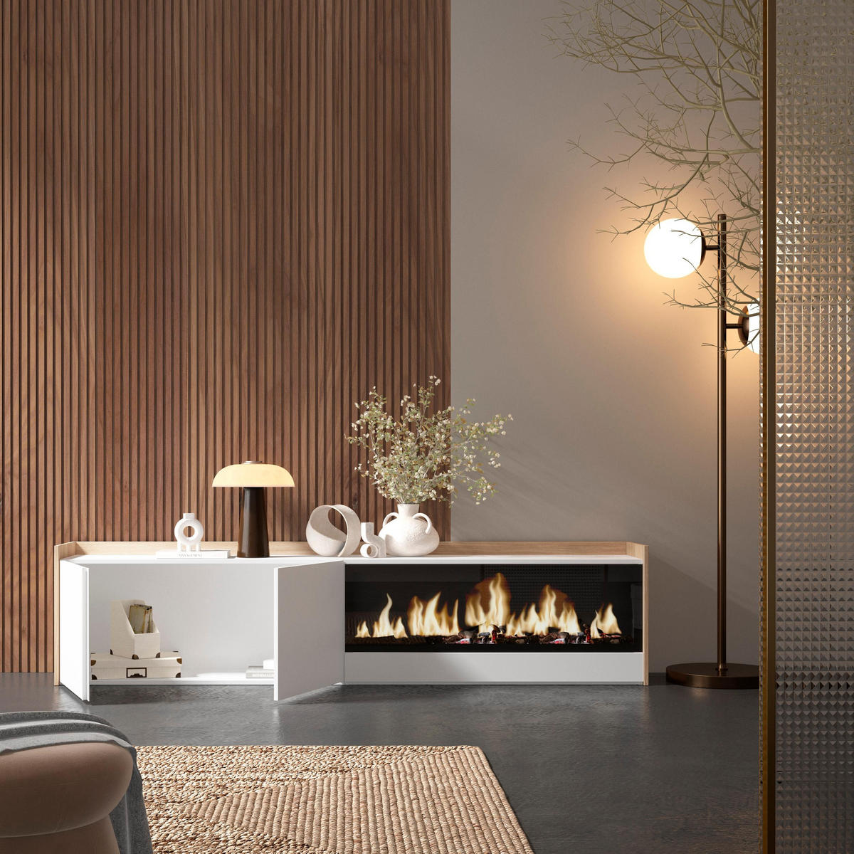 LOWBOARD, Weiß und Eiche, 212/35/50cm, Kamin mit Feuereffekt XXL - Weiß, Holzwerkstoff (212/50/35cm) - Skraut Home