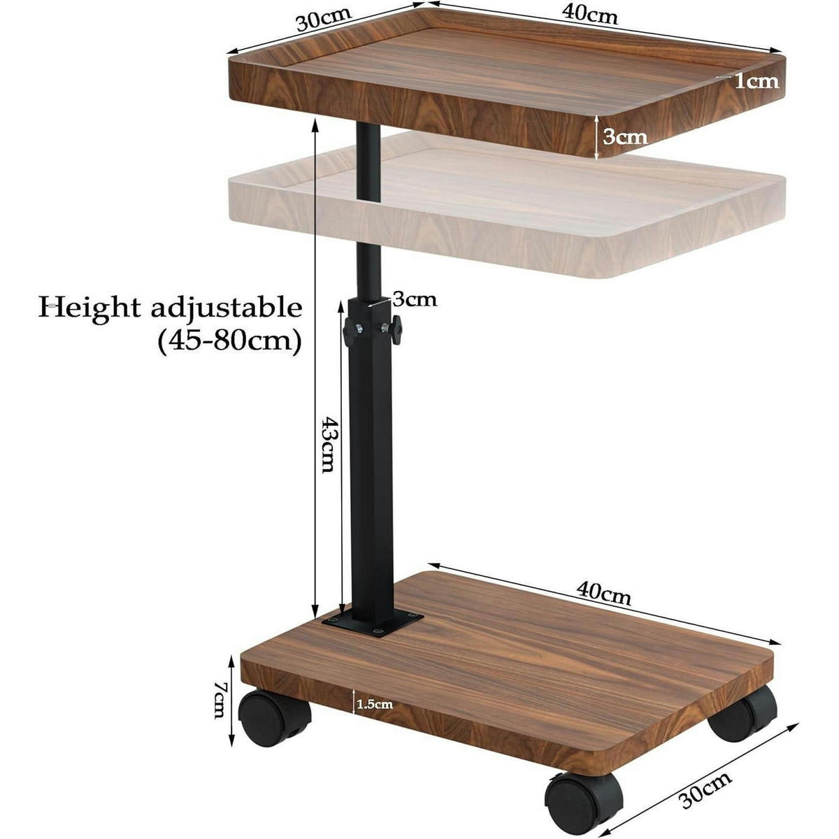 BEISTELLTISCH mit Rollen Nussbaum 45-80 cm - Braun, Holzwerkstoff (40/30/45cm)