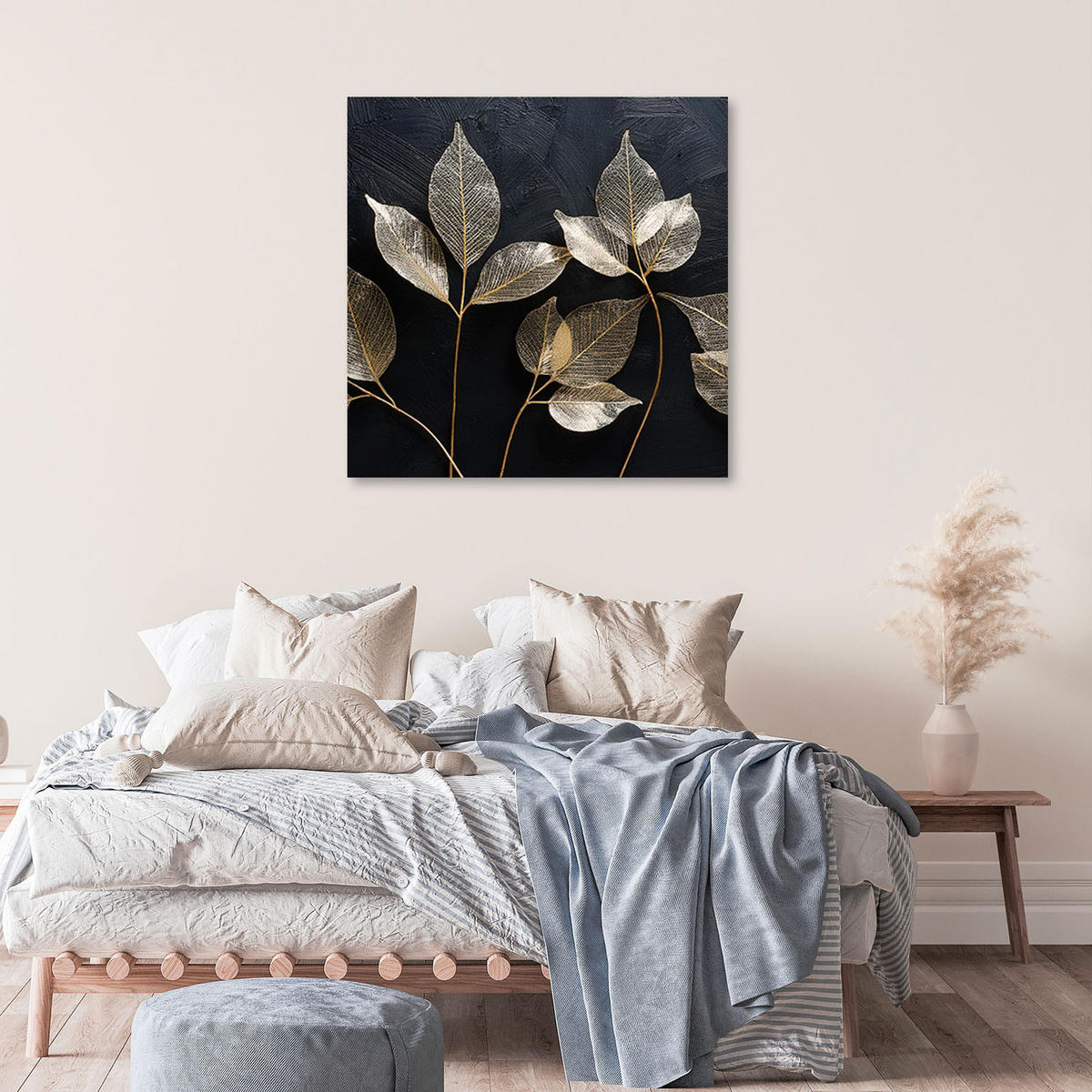 LEINWANDBILD Minimalismus hinterlässt Pflanzen Glamour-Abstraktion 50x50cm - Goldfarben, Textil (50/50cm) - Feeby