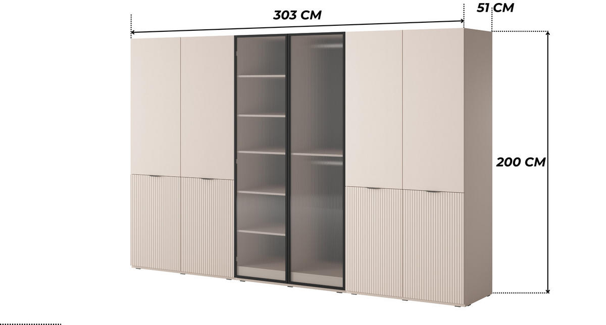 KLEIDERSCHRANK ZEN (Modular, Beige Matt, Beige & Geriffeltes Glas Flutes, 6-türig) - Beige/Schwarz, Holz/Holzwerkstoff (303/200/51cm) - Ravio